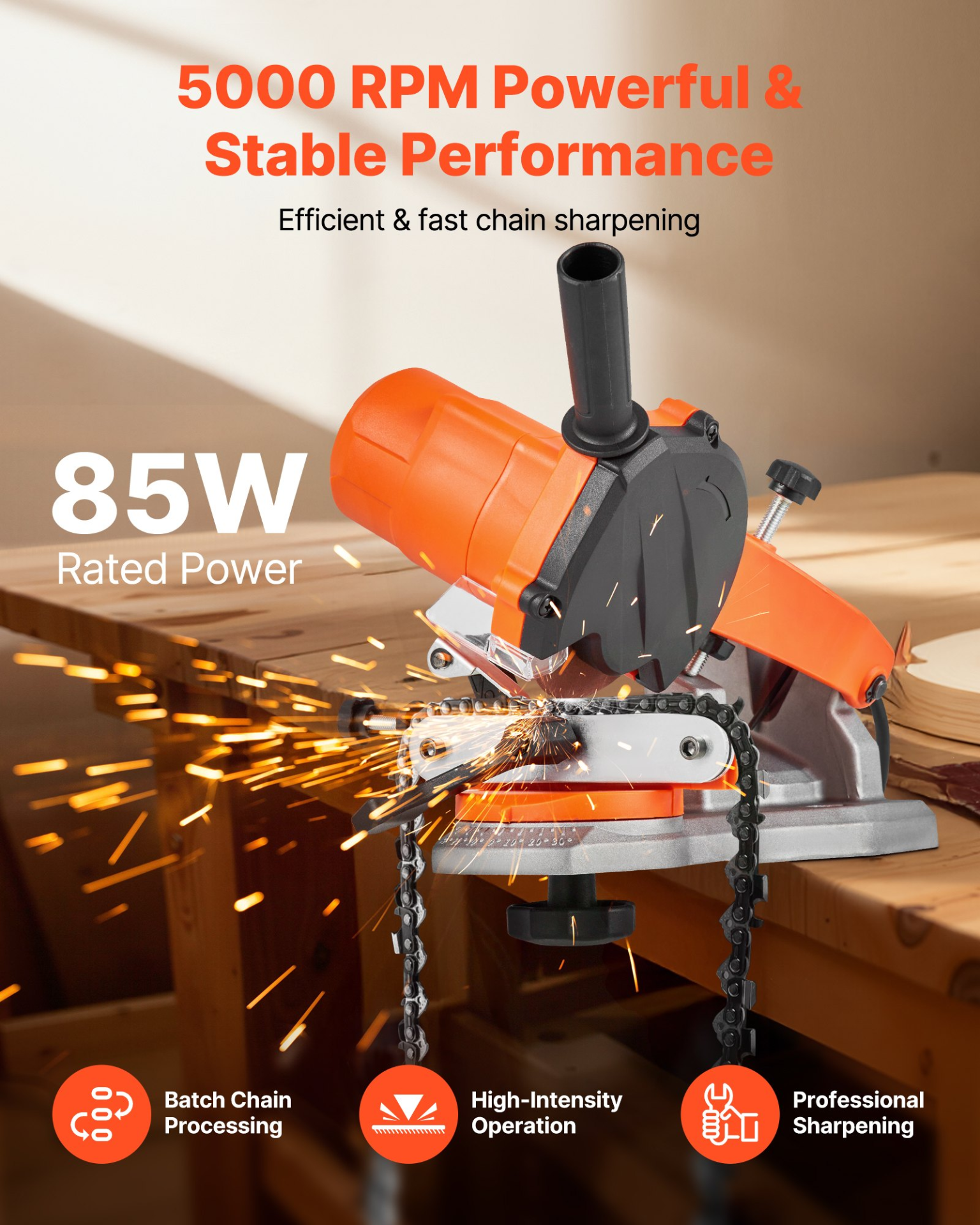 VEVOR 85W Electric Chainsaw Sharpener, 5000RPM, w/LED Light