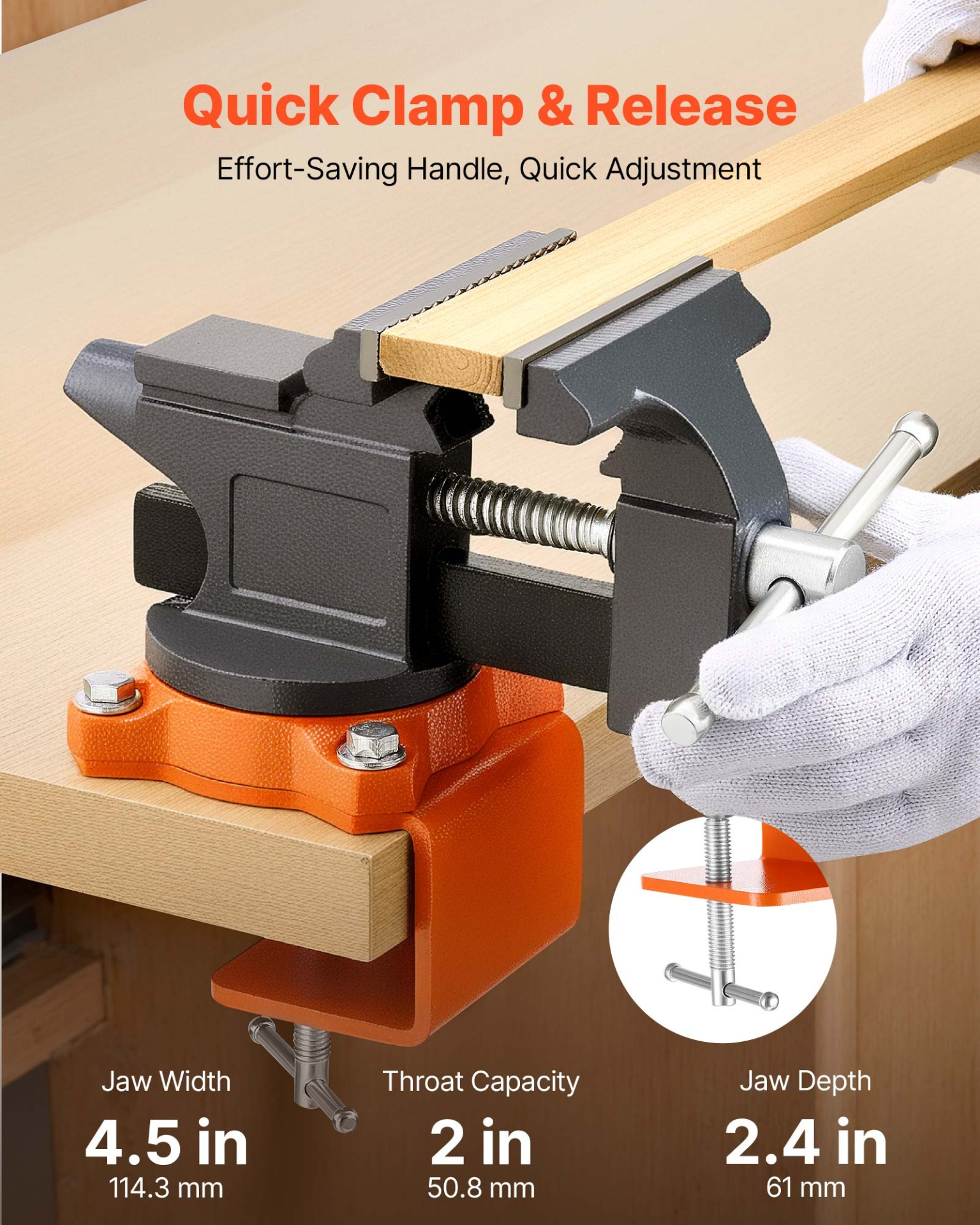 VEVOR 4.5" Bench Vise, 270° Swivel Base, Quick Release, Cast Iron