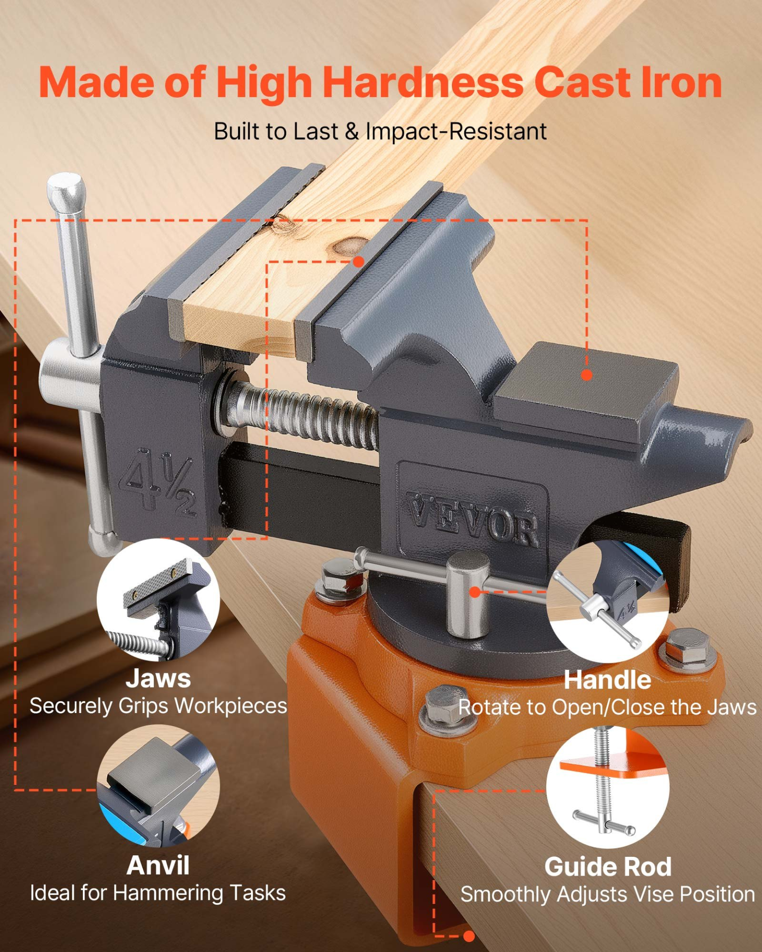 VEVOR 4.5" Bench Vise, 270° Swivel Base, Quick Release, Cast Iron