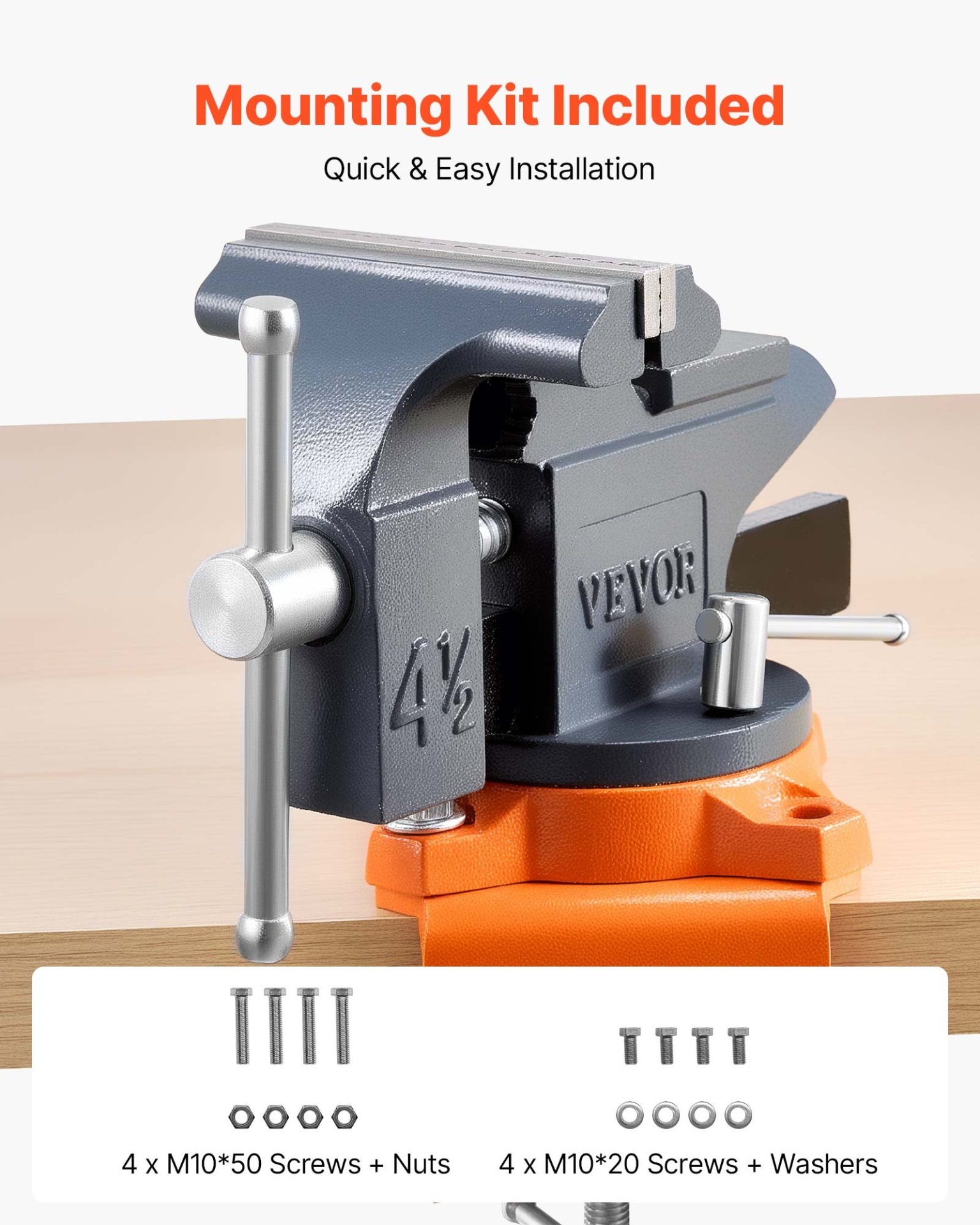 VEVOR 4.5" Bench Vise, 270° Swivel Base, Quick Release, Cast Iron