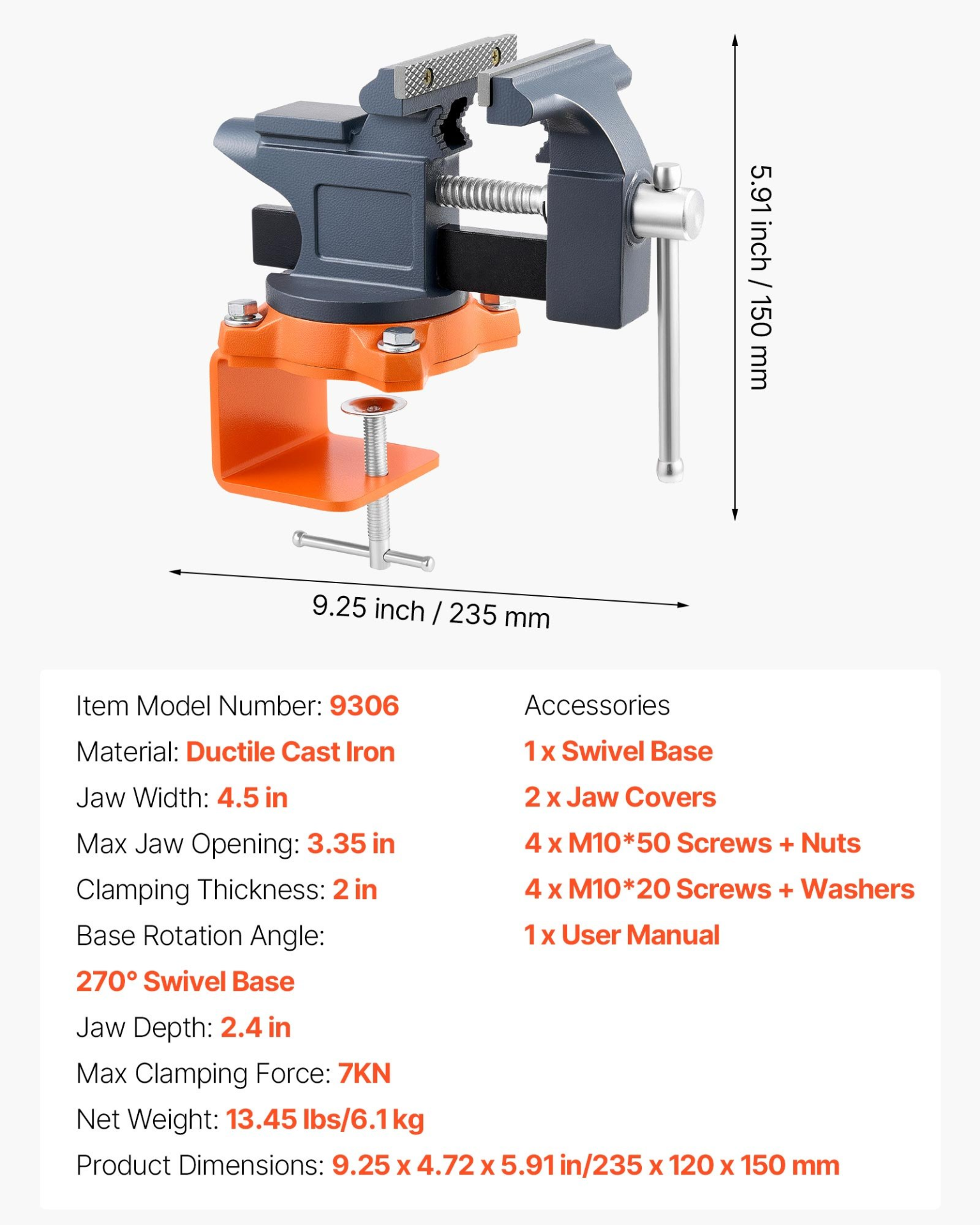 VEVOR 4.5" Bench Vise, 270° Swivel Base, Quick Release, Cast Iron
