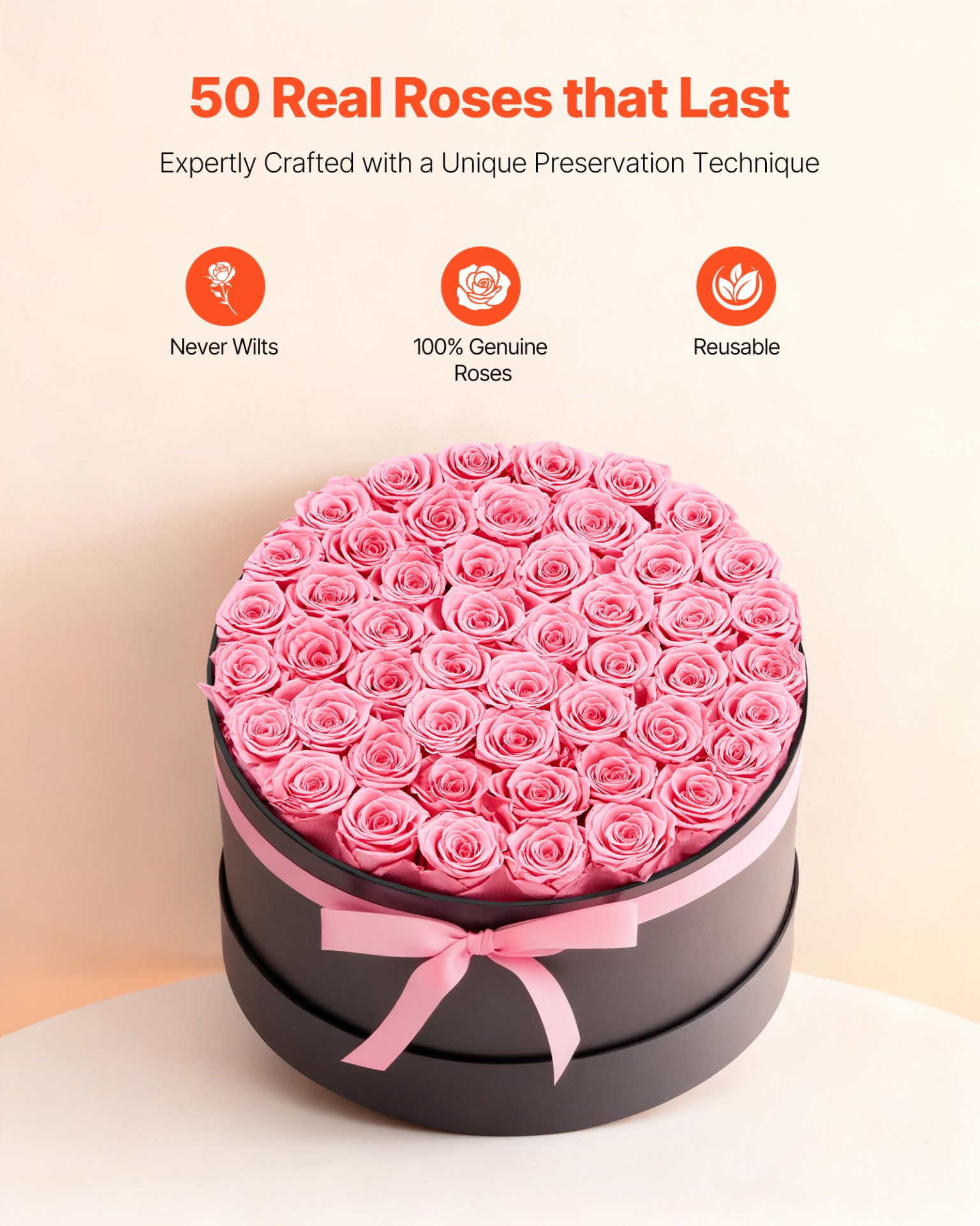 Forever Roses 50 Preserved in Box Eternal Flowers Gift for Her Sweet Pink