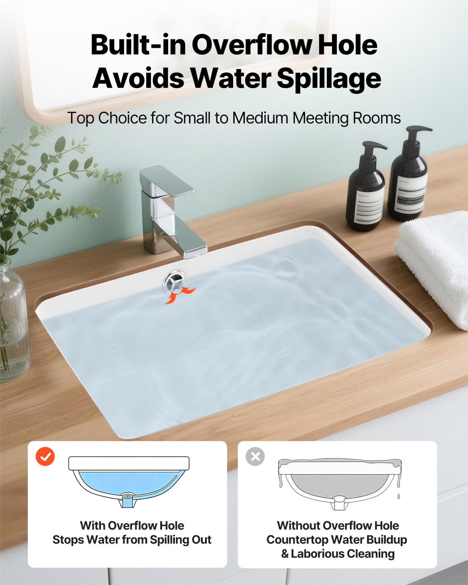 Undermount Bathroom Sink 15.8x12in Rectangular White Ceramic w/ Overflow