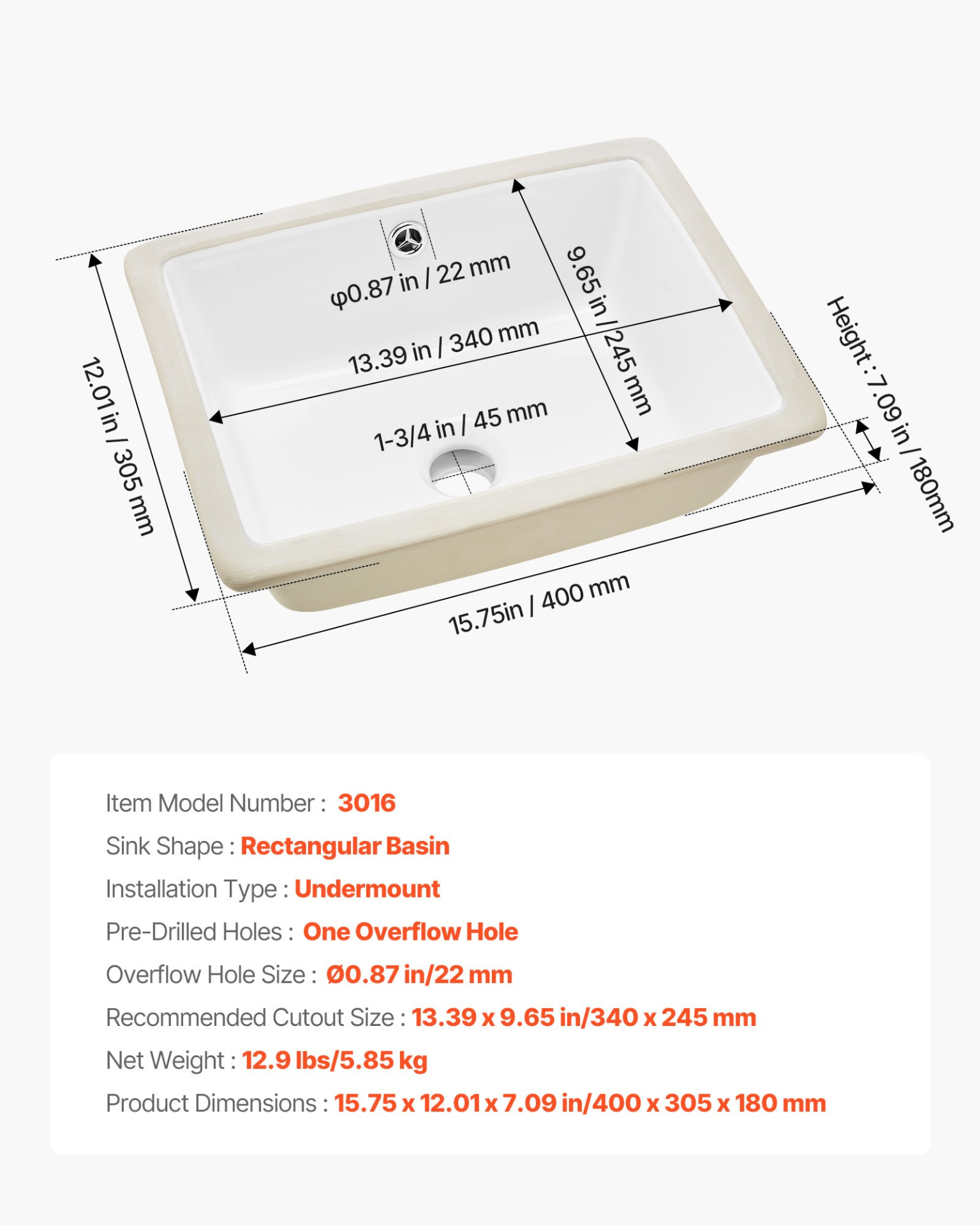 Undermount Bathroom Sink 15.8x12in Rectangular White Ceramic w/ Overflow