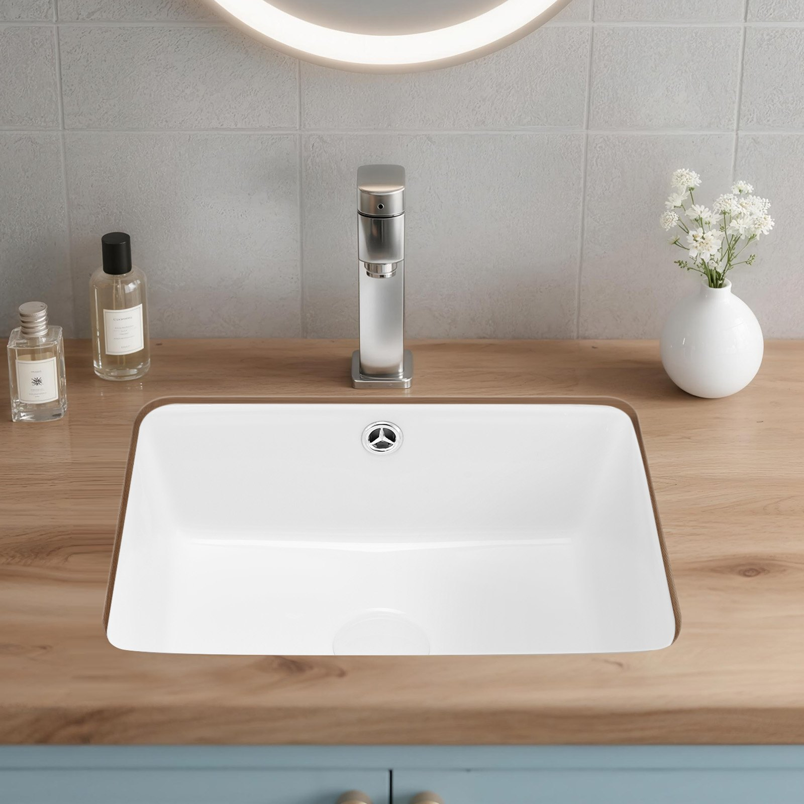 Undermount Bathroom Sink 15.8x12in Rectangular White Ceramic w/ Overflow
