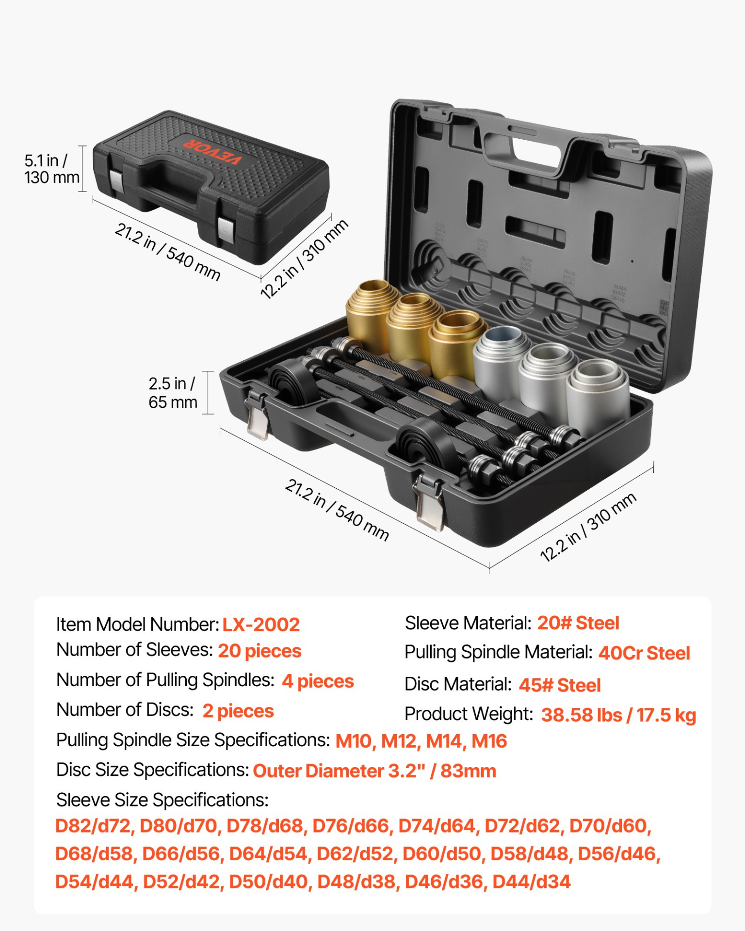 26-Pc Pull & Press Sleeve Kit, Steel Bushing Removal & Install Tools w/Case