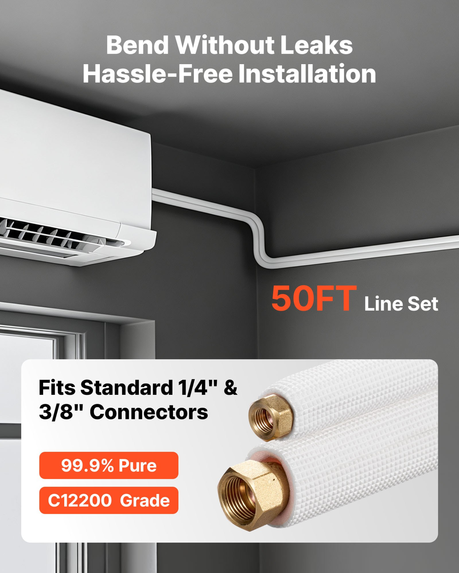 50ft Mini Split Line Set, 1/4” & 3/8” OD AC Copper Tubing Pipe, 3/8 White PE Th