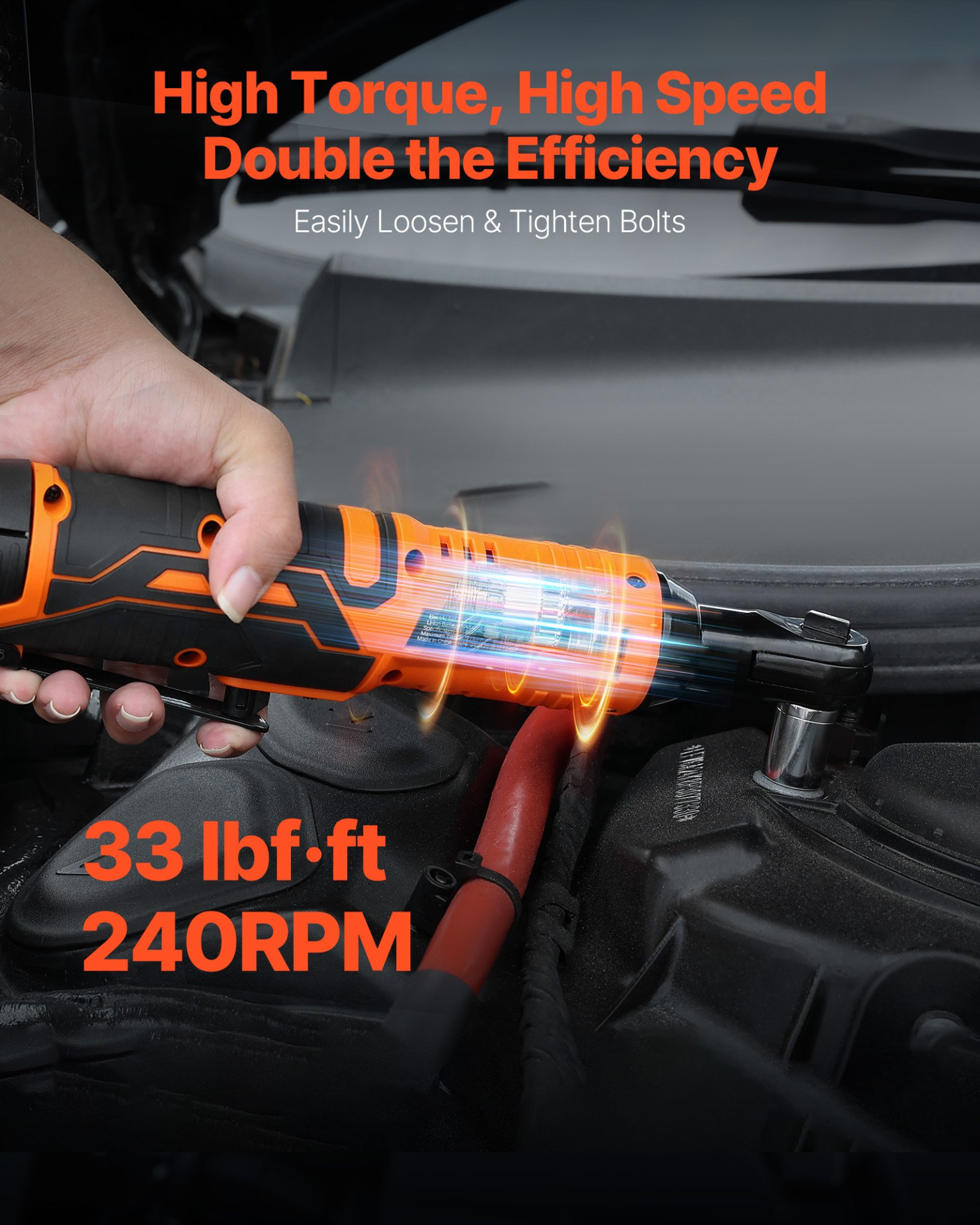 VEVOR 3/8″ Cordless Ratchet Wrench, 240 RPM, 33 ft-lbs, 2x 2.0Ah Battery Kit