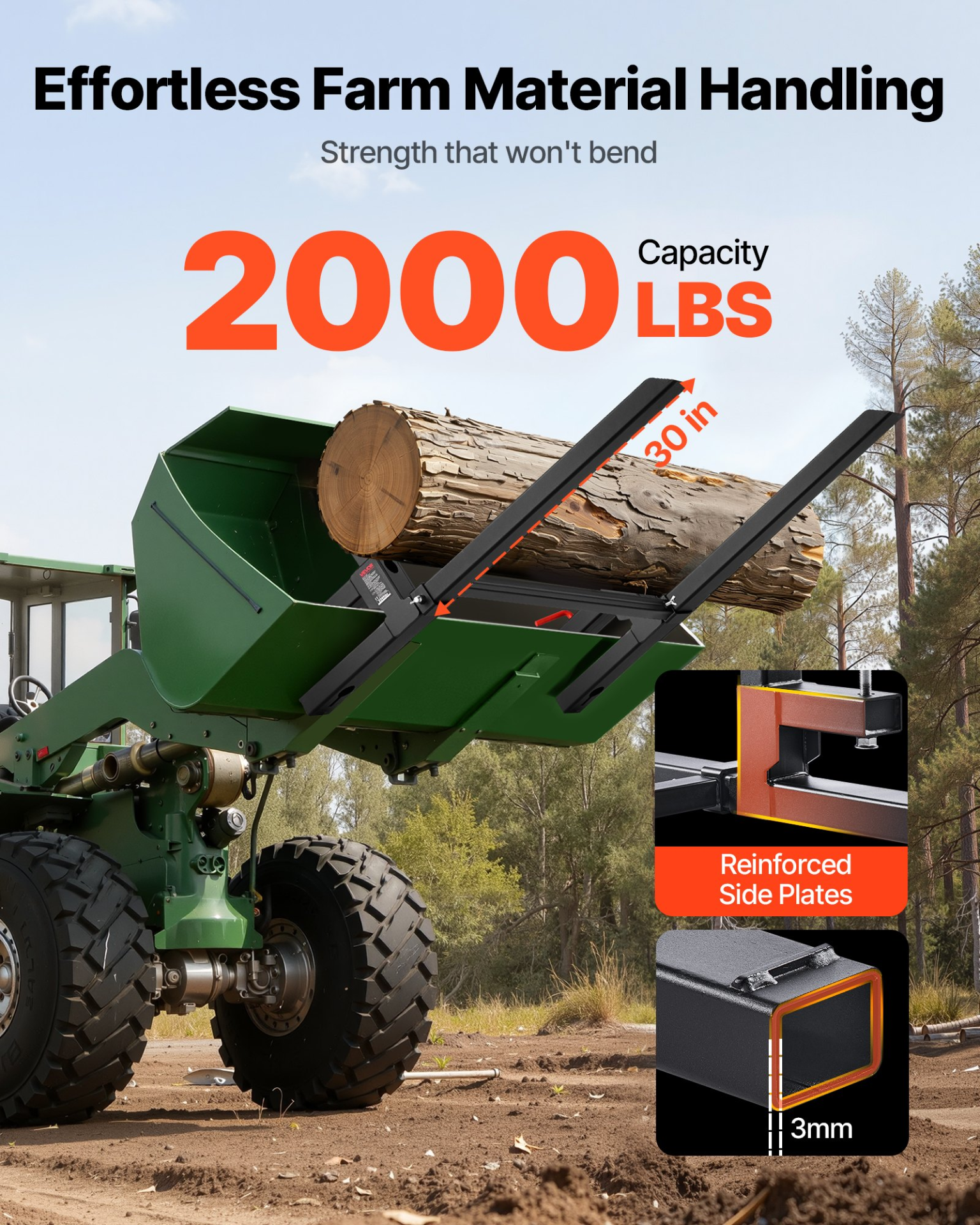 Clamp On Pallet Forks 2000LBS 43" Heavy Duty Tractor Fork w Stabilizer Bar Black