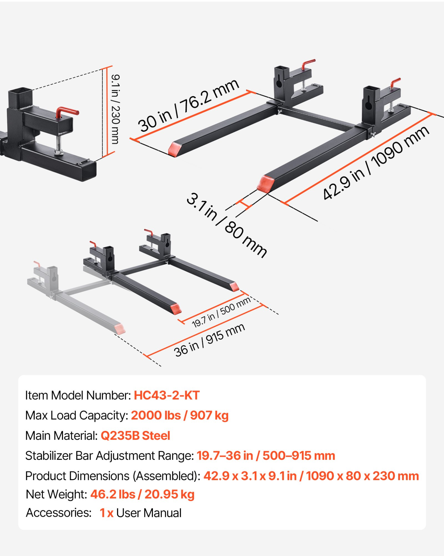 Clamp On Pallet Forks 2000LBS 43" Heavy Duty Tractor Fork w Stabilizer Bar Black