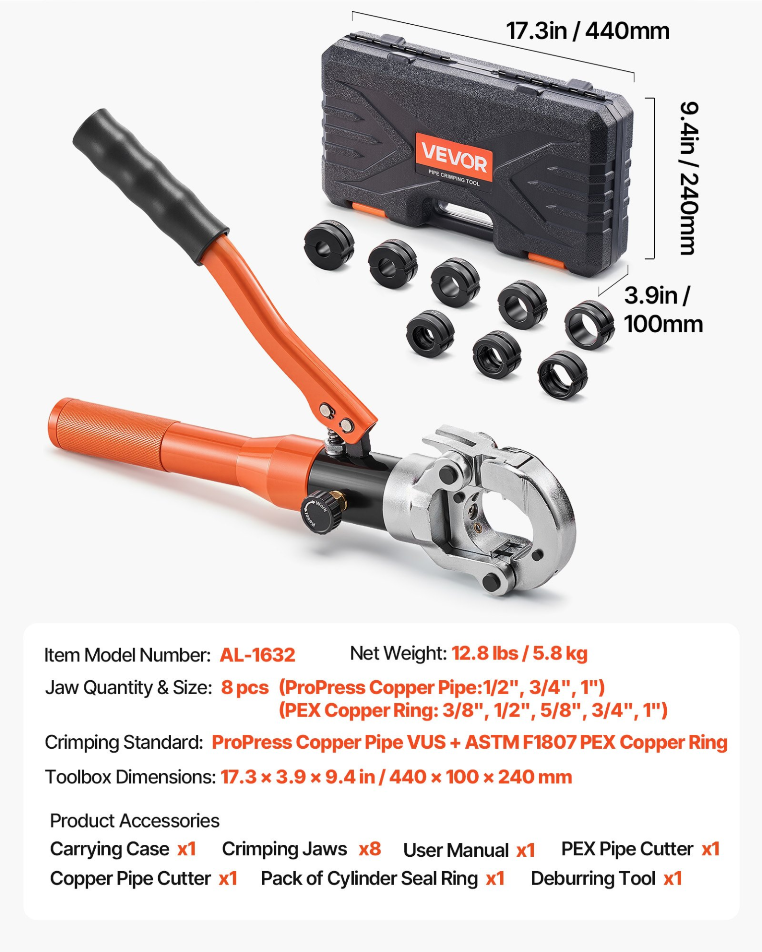 VEVOR Hydraulic Pro Press Tool Kit with 8 Jaws | Copper Pipe Crimper