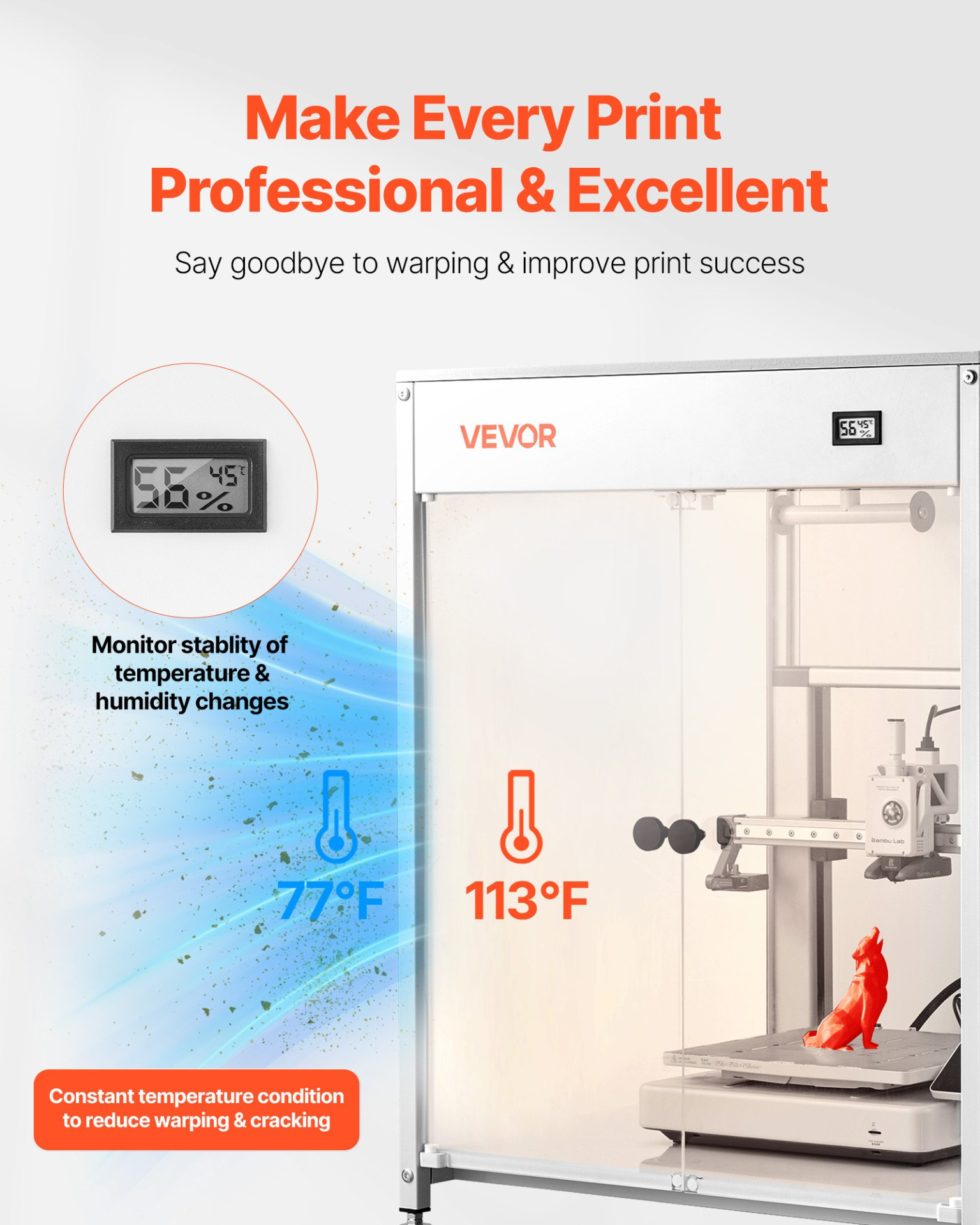 VEVOR Acrylic 3D Printer Enclosure w/Vent, LED, 600x600x800mm