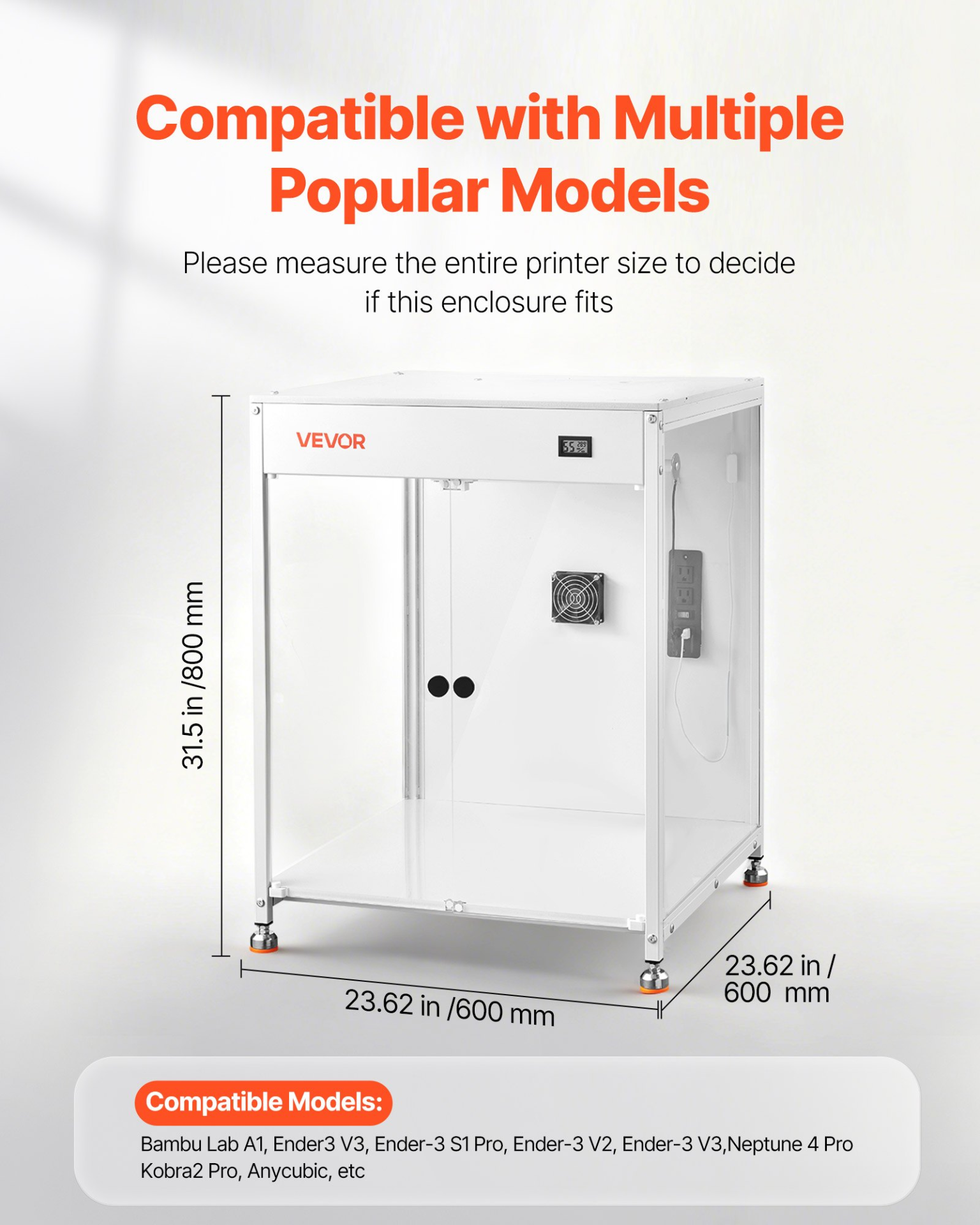 VEVOR Acrylic 3D Printer Enclosure w/Vent, LED, 600x600x800mm