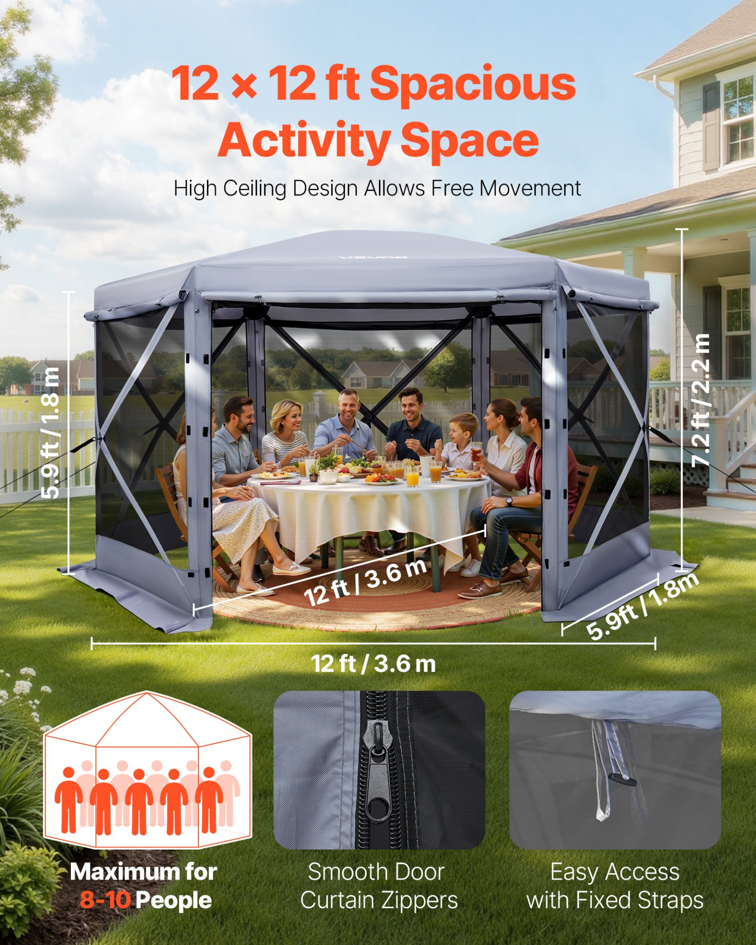 VEVOR 12×12 ft Pop-Up Screen Tent, 6-Sided Grey Camping Gazebo for 8-10