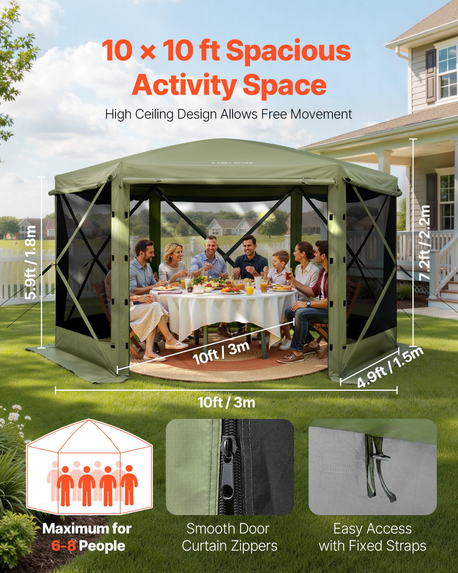 VEVOR 10×10 ft Pop Up Screen Tent, 6-Sided Gazebo, Green