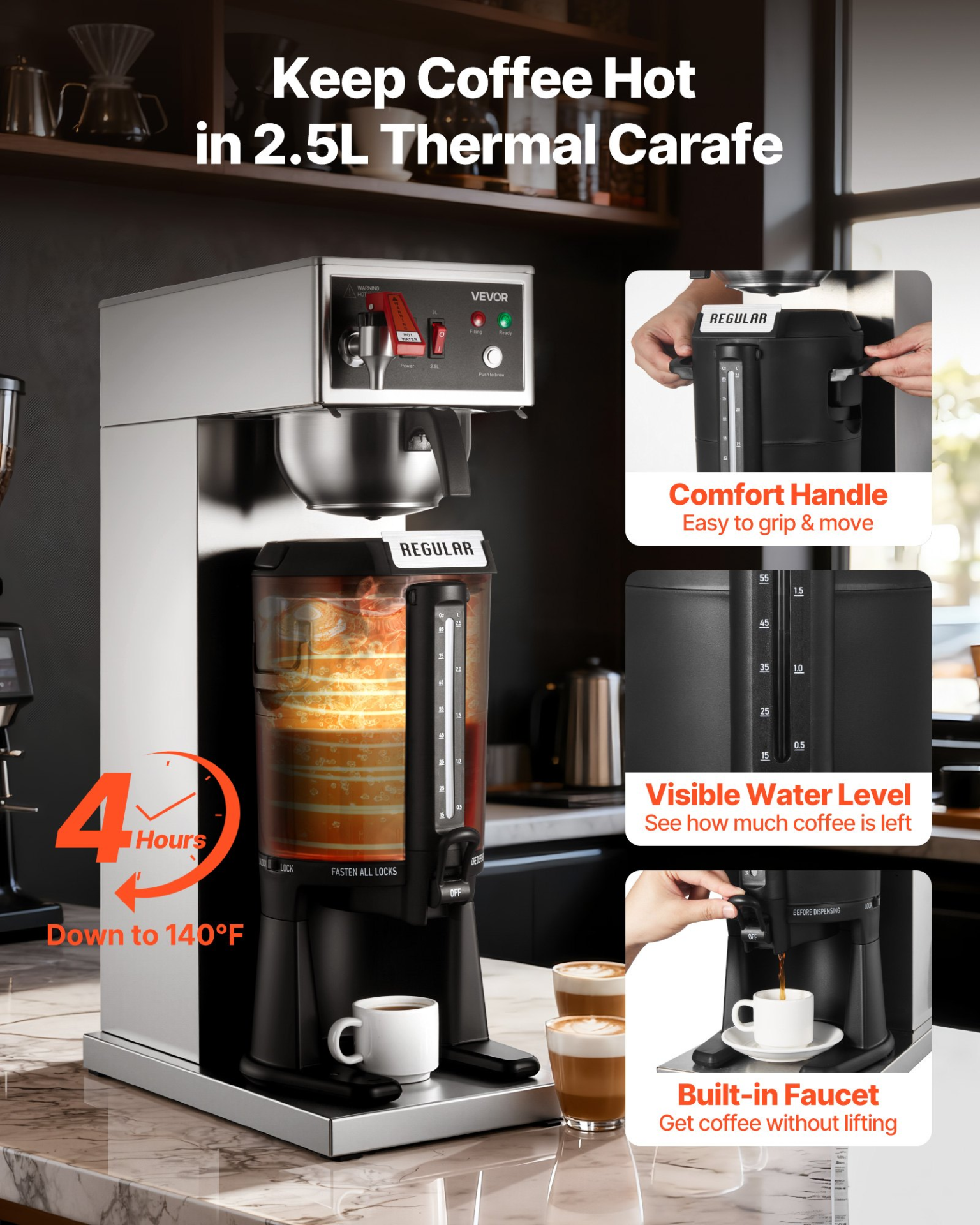 VEVOR Commercial Coffee Maker 16 Cups w/ Thermal Carafe, 4-Hour Warm