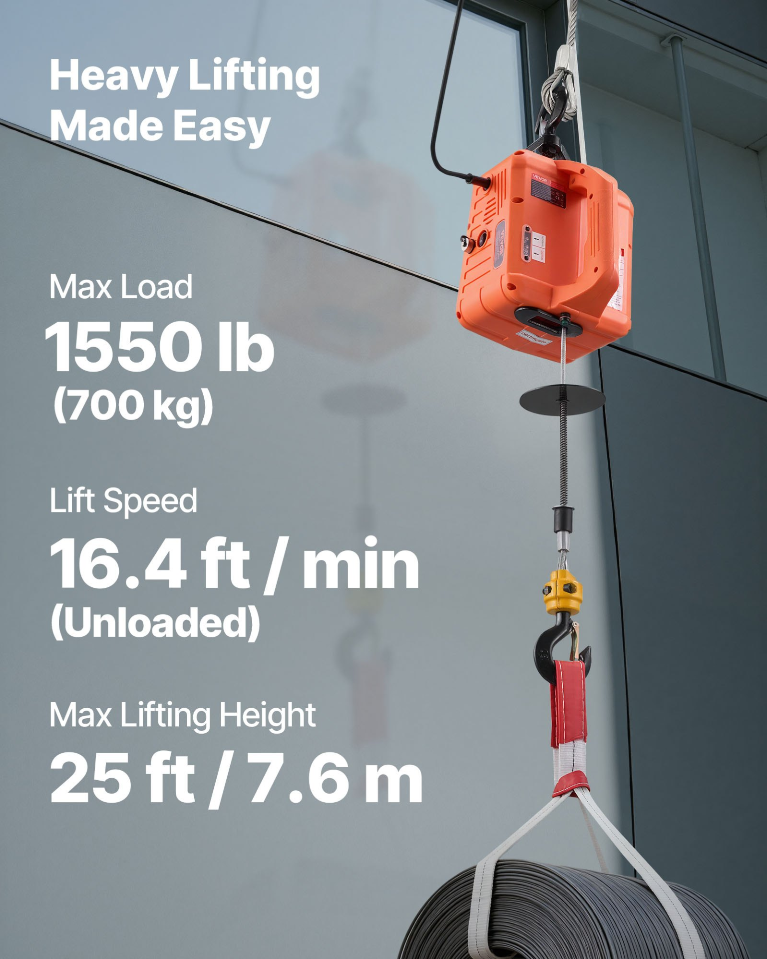 3-in-1 Electric Hoist Winch 1550lbs 1500W 25FT Lift Wireless Remote