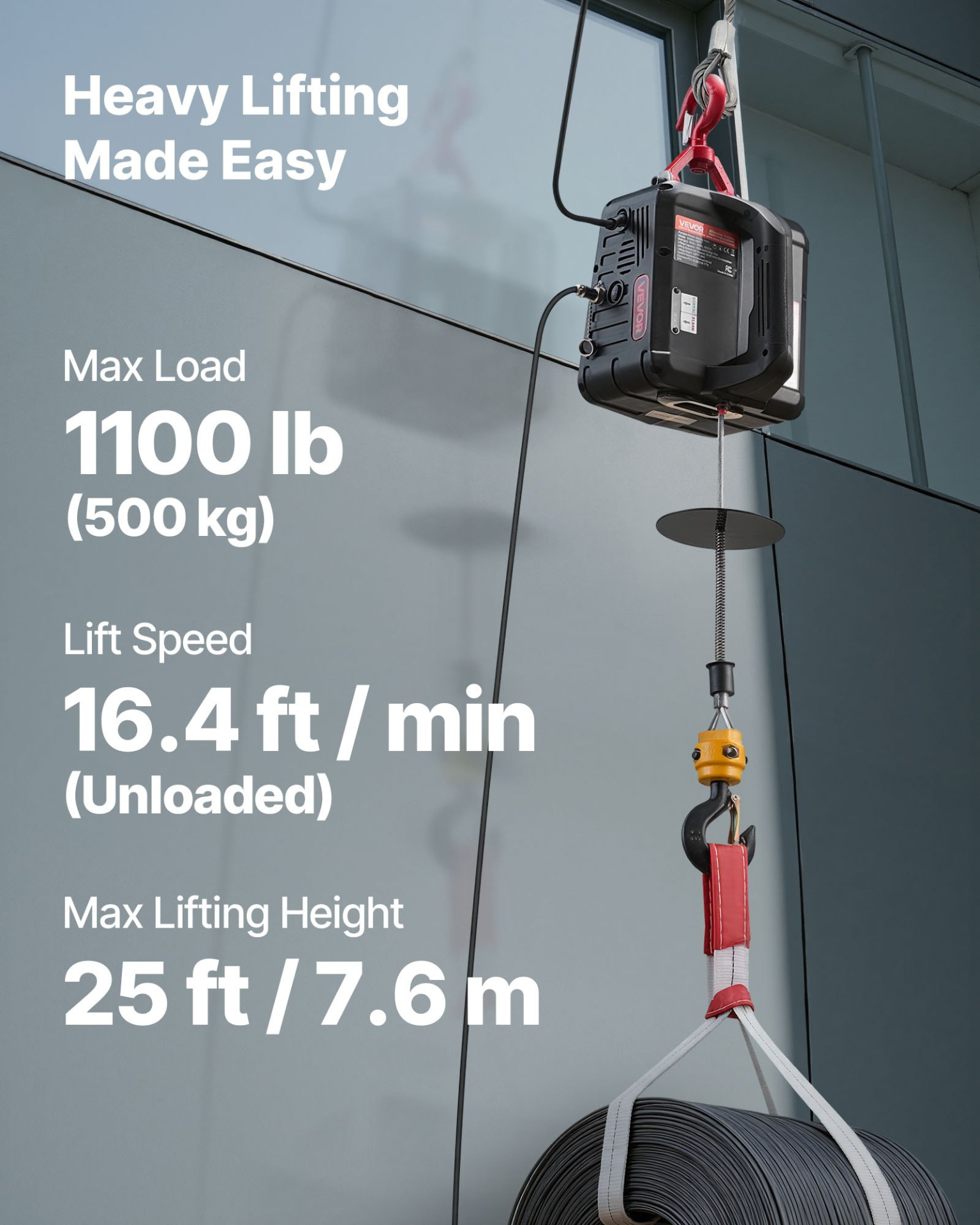 2-in-1 Electric Hoist Winch 1100lbs 1500W 25FT Lift Remote Control