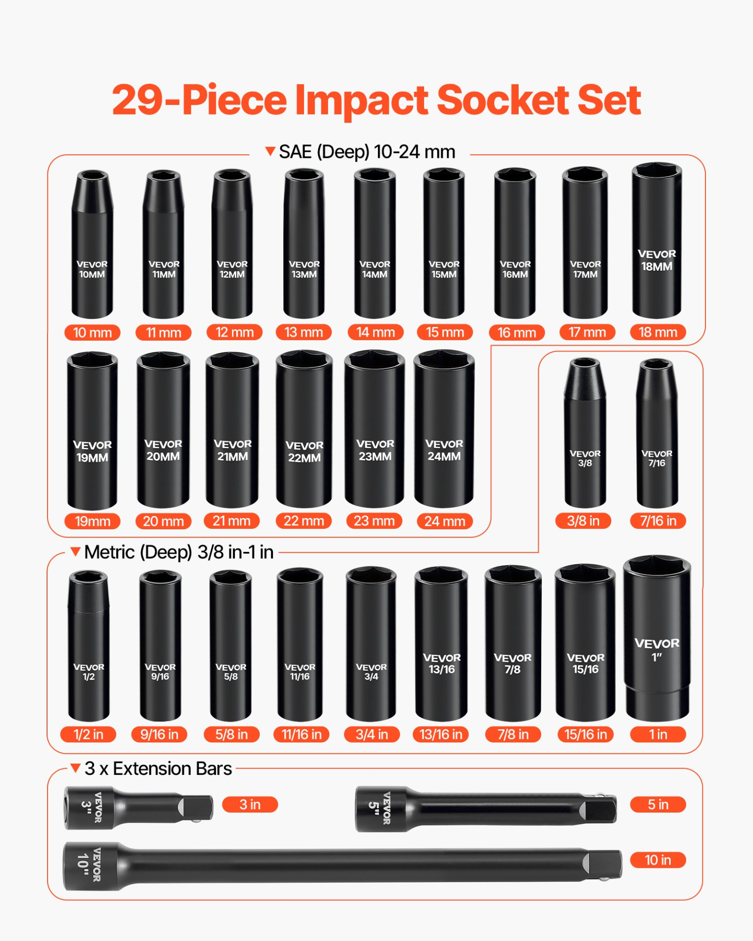 1/2 in Drive Impact Socket Set 29-Pc, SAE & Metric Deep Sockets, Cr-V Case