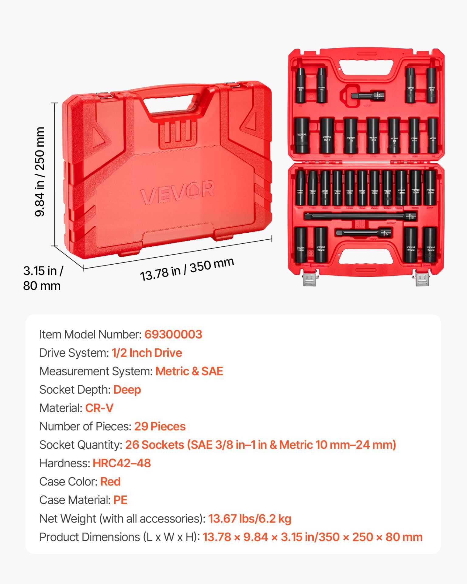 1/2 in Drive Impact Socket Set 29-Pc, SAE & Metric Deep Sockets, Cr-V Case