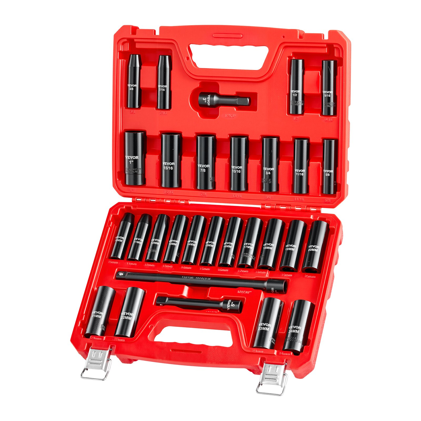 1/2 in Drive Impact Socket Set 29-Pc, SAE & Metric Deep Sockets, Cr-V Case