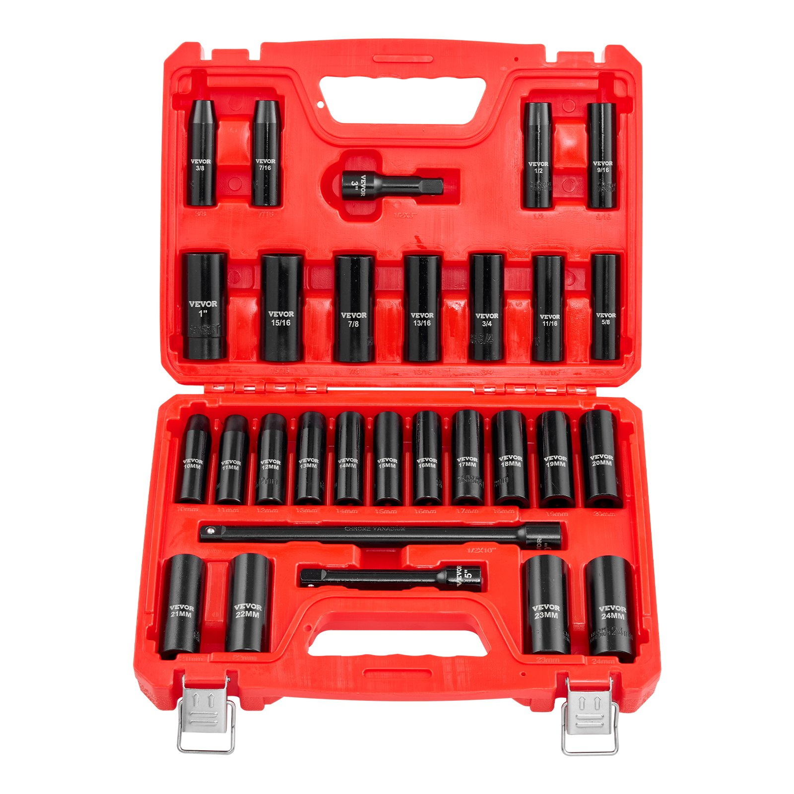 1/2 in Drive Impact Socket Set 29-Pc, SAE & Metric Deep Sockets, Cr-V Case