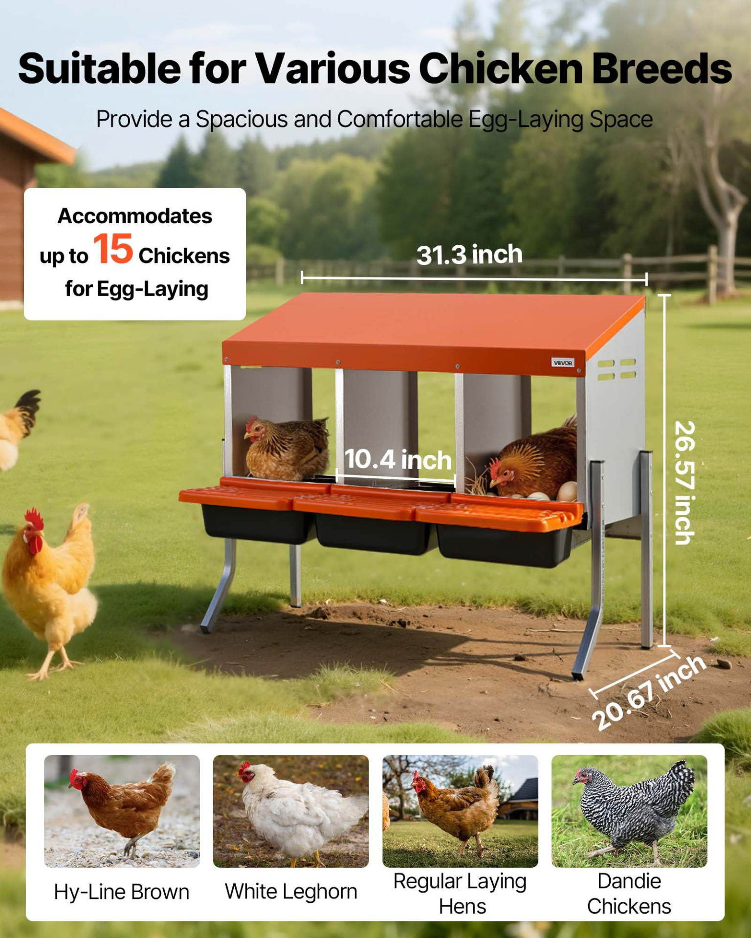 VEVOR 3 Hole Chicken Nesting Box with Legs, Roll Away Egg Collection