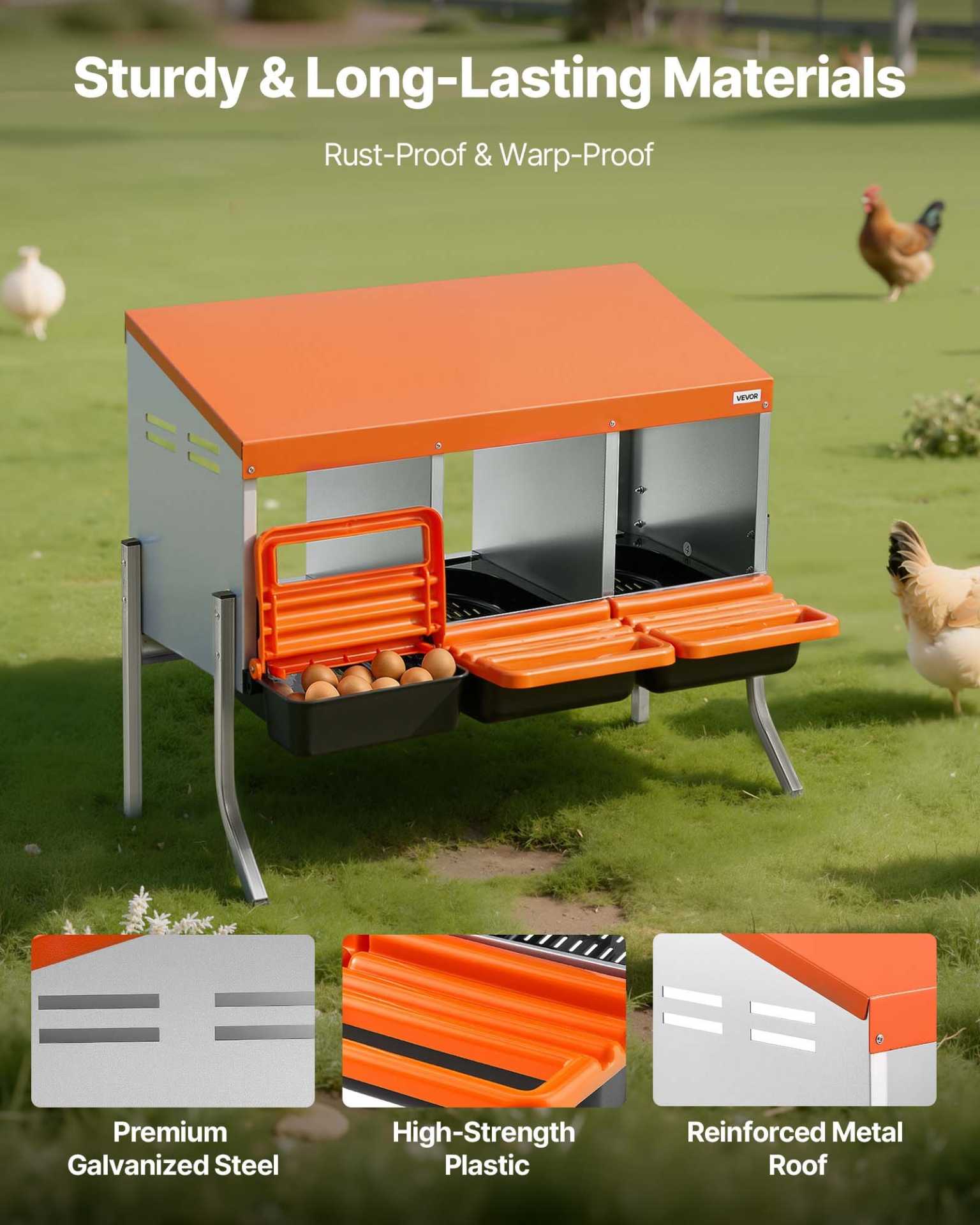VEVOR 3 Hole Chicken Nesting Box with Legs, Roll Away Egg Collection
