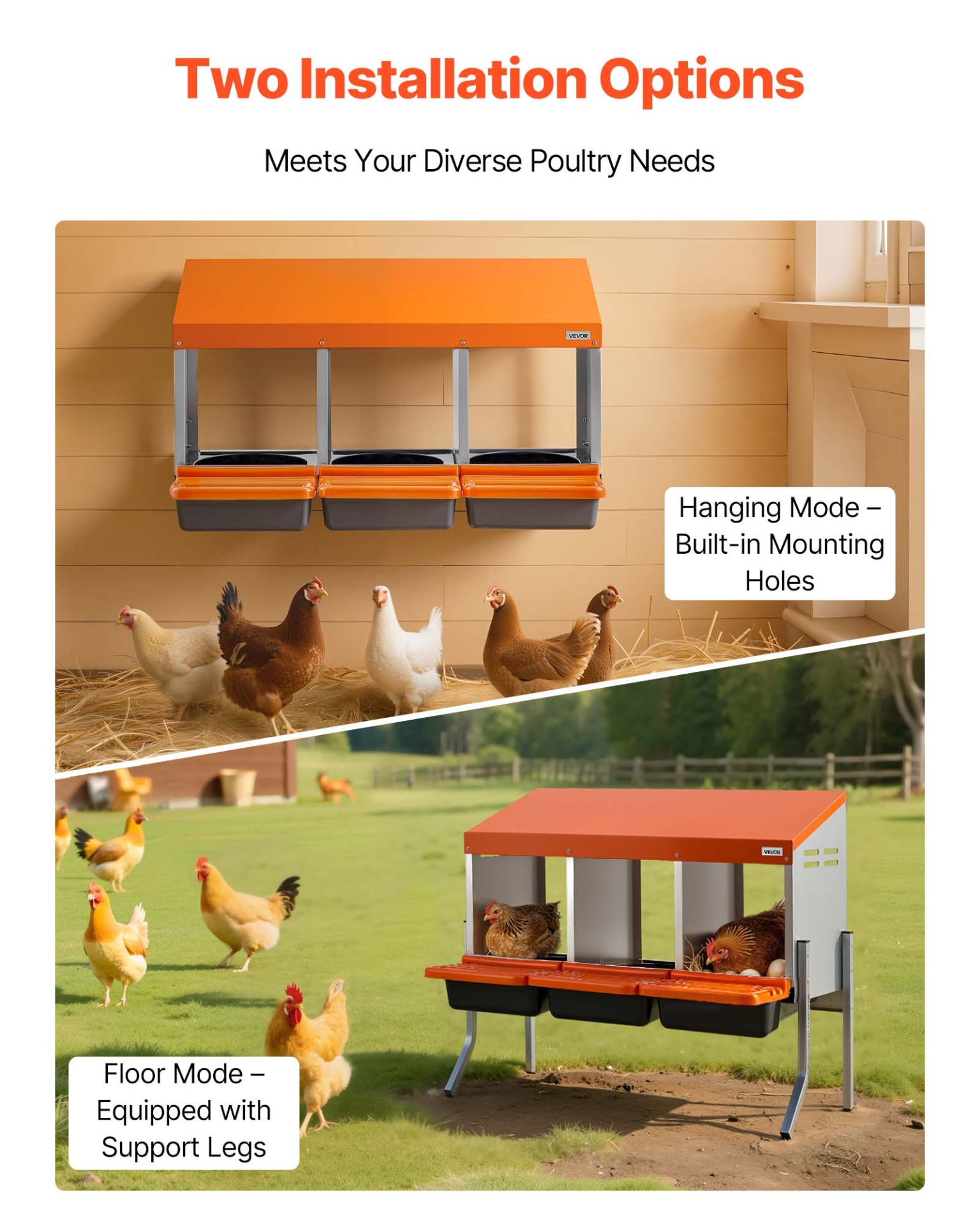 VEVOR 3 Hole Chicken Nesting Box with Legs, Roll Away Egg Collection