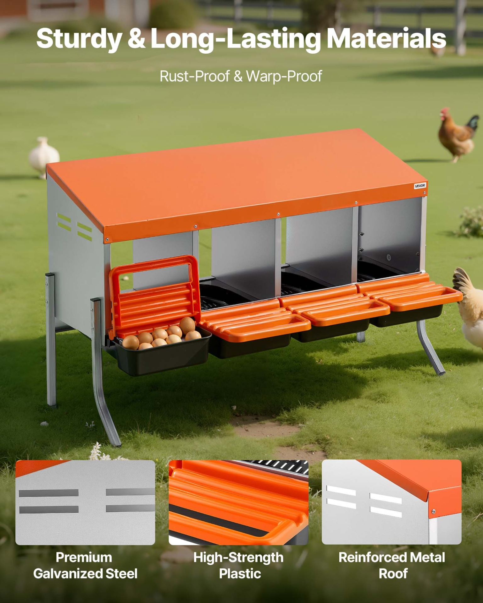 VEVOR 4-Hole Chicken Nesting Box with Legs, Roll-Away Egg Collection