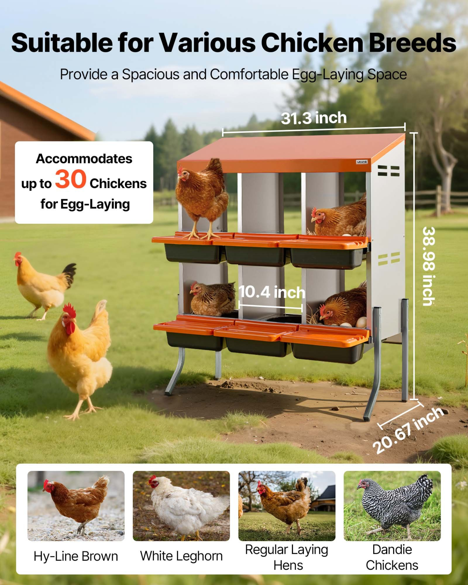VEVOR 6-Hole Chicken Nesting Box with Legs, Roll-Away Egg Collection