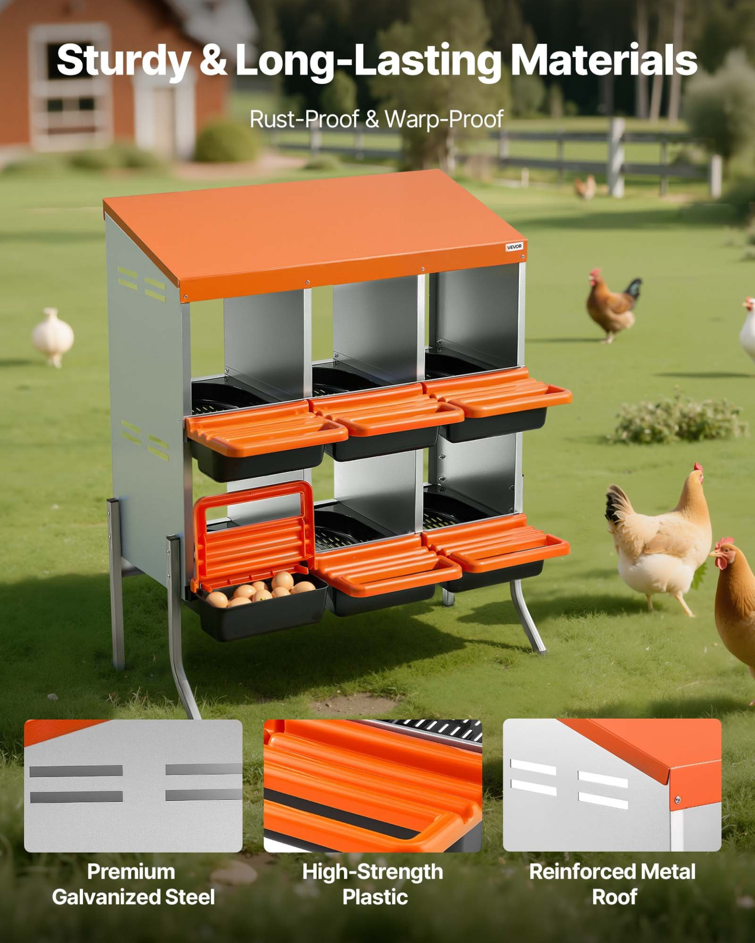 VEVOR 6-Hole Chicken Nesting Box with Legs, Roll-Away Egg Collection
