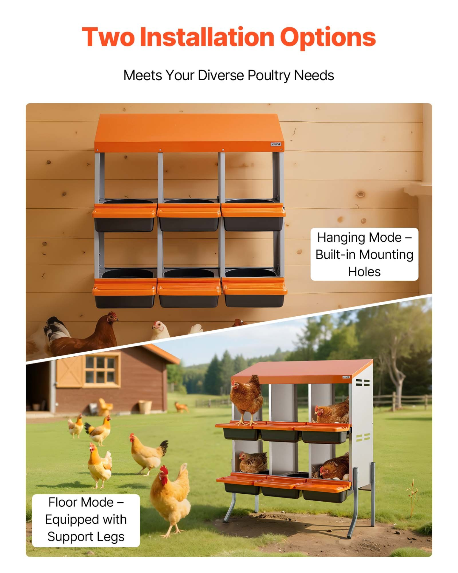 VEVOR 6-Hole Chicken Nesting Box with Legs, Roll-Away Egg Collection