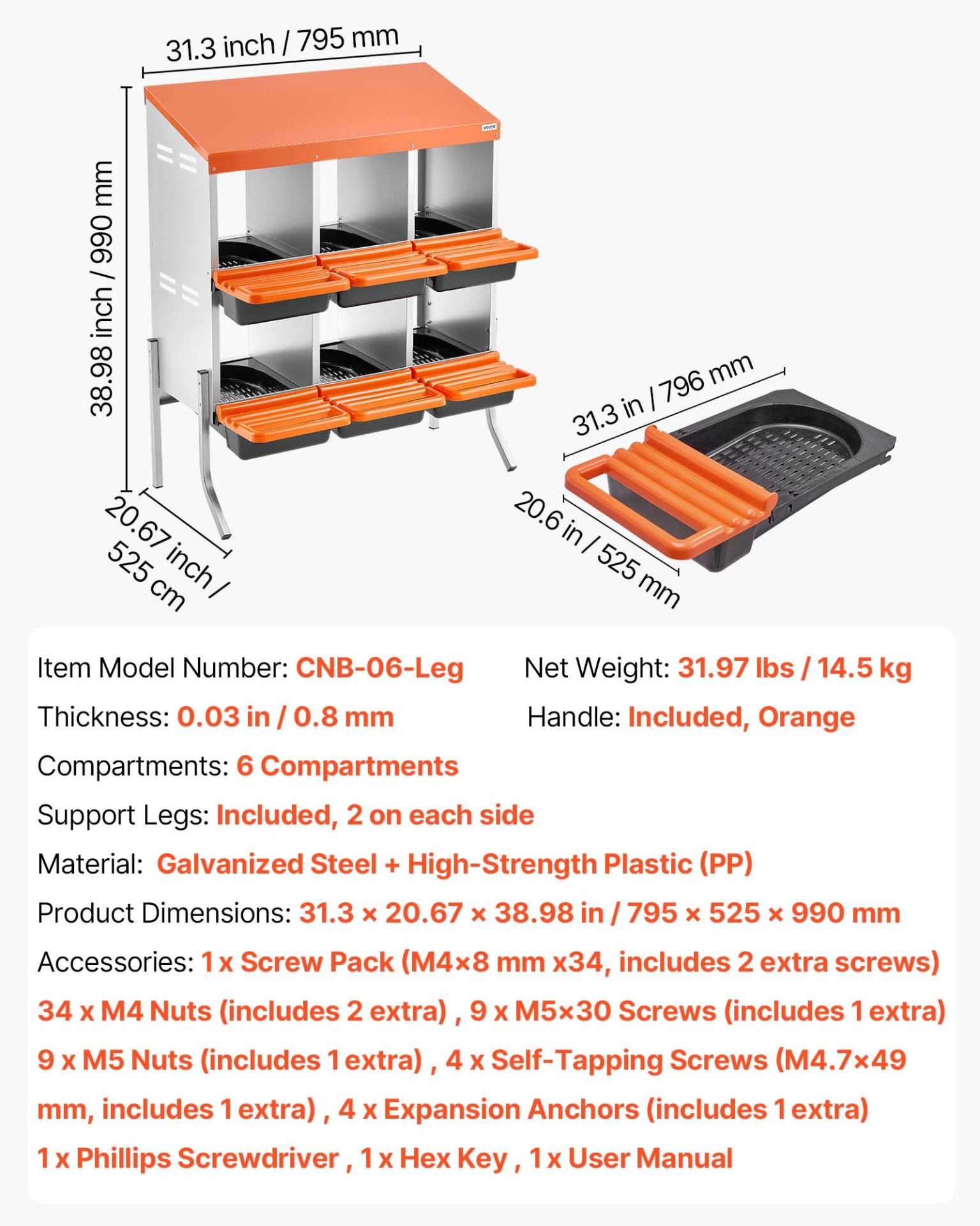 VEVOR 6-Hole Chicken Nesting Box with Legs, Roll-Away Egg Collection