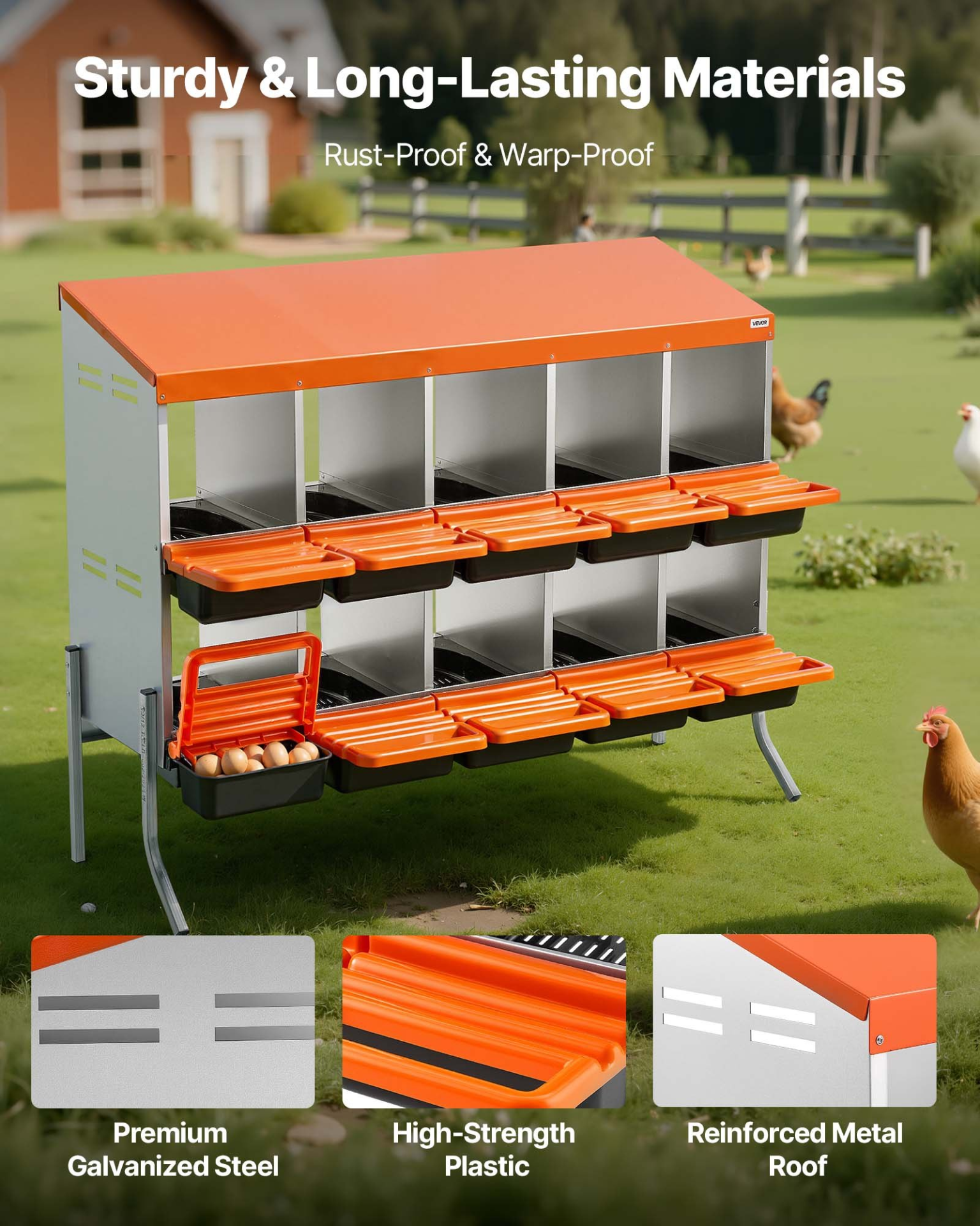 VEVOR 10-Hole Chicken Nesting Box with Legs, Roll-Away Egg Collection, Orange