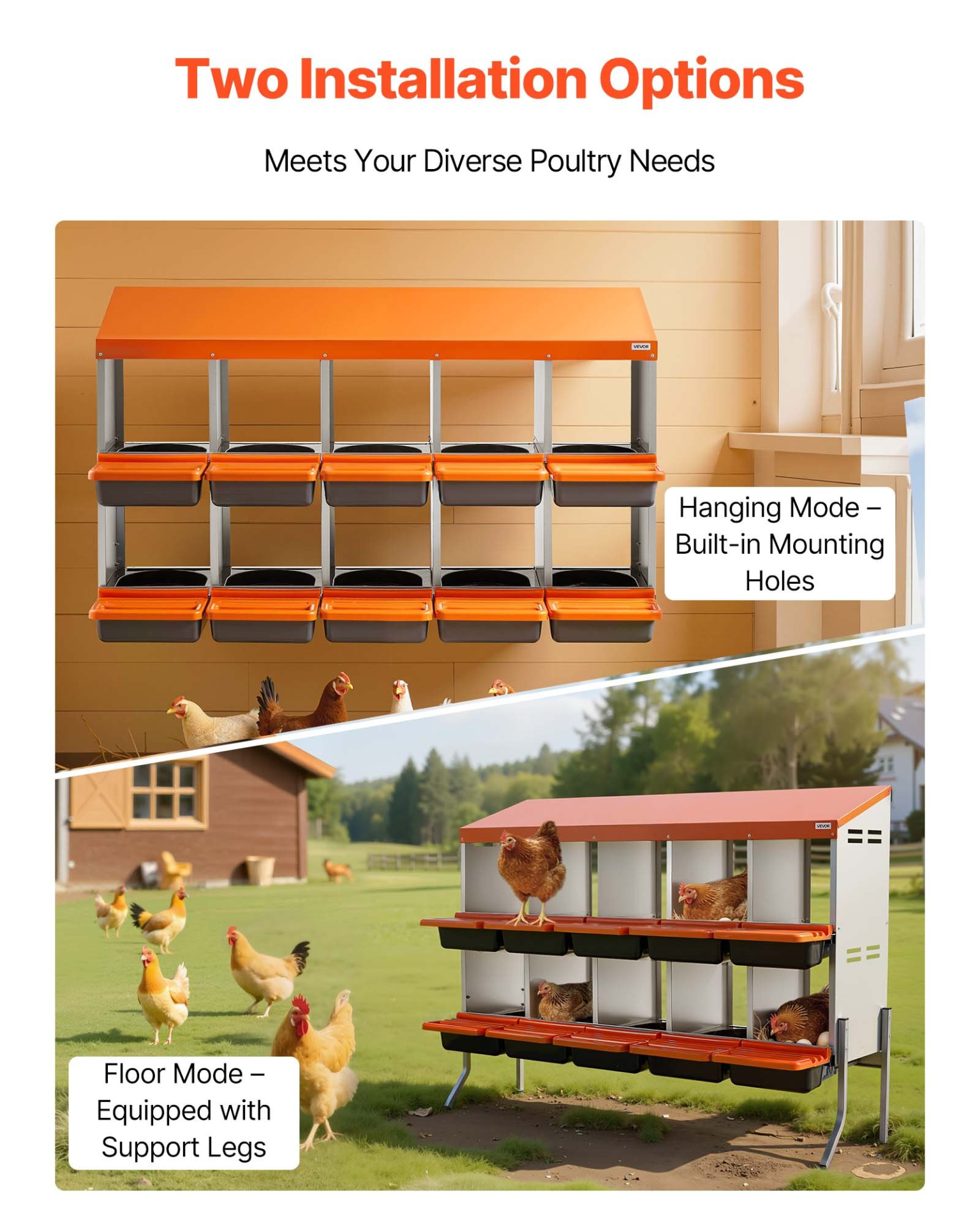 VEVOR 10-Hole Chicken Nesting Box with Legs, Roll-Away Egg Collection, Orange