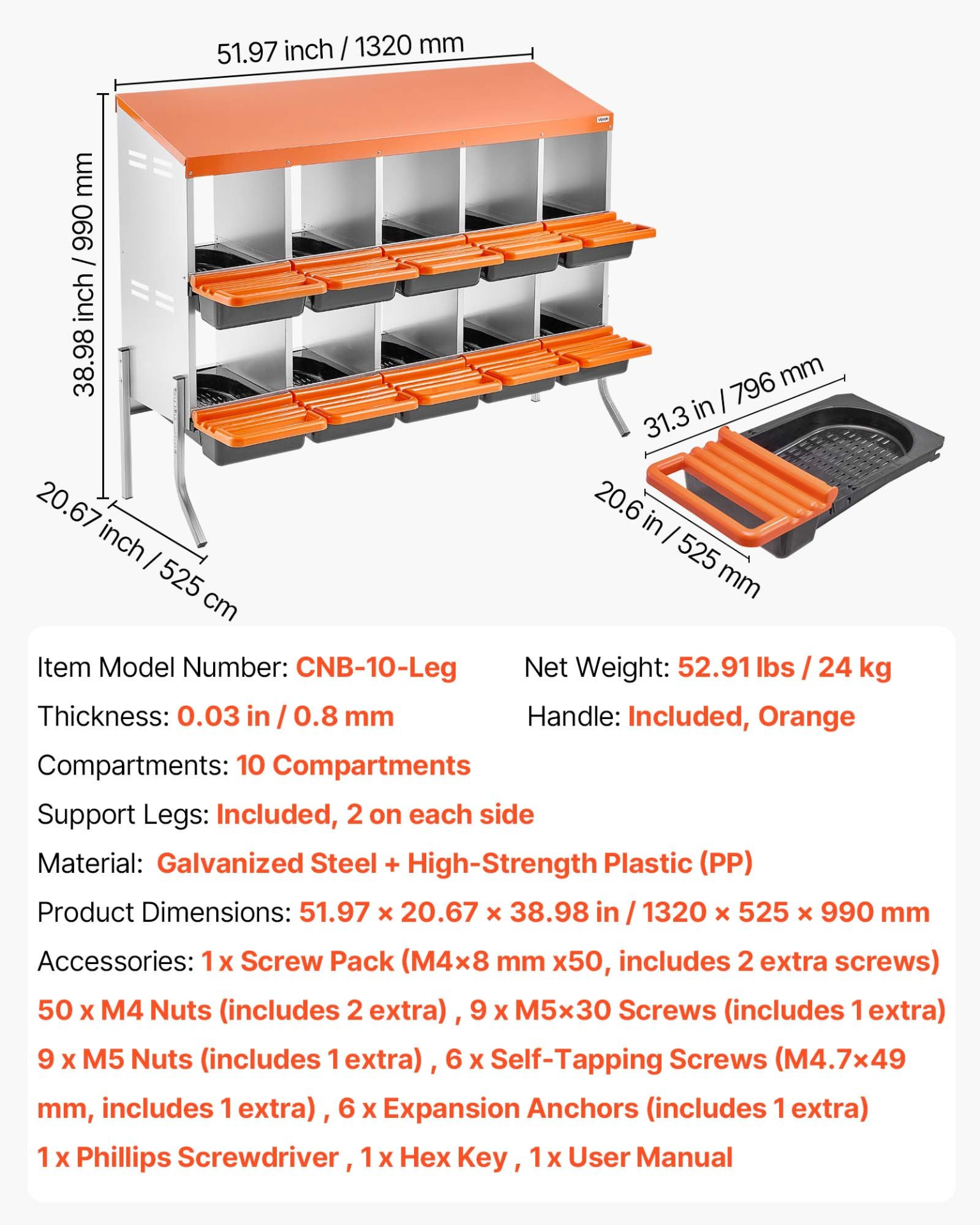 VEVOR 10-Hole Chicken Nesting Box with Legs, Roll-Away Egg Collection, Orange