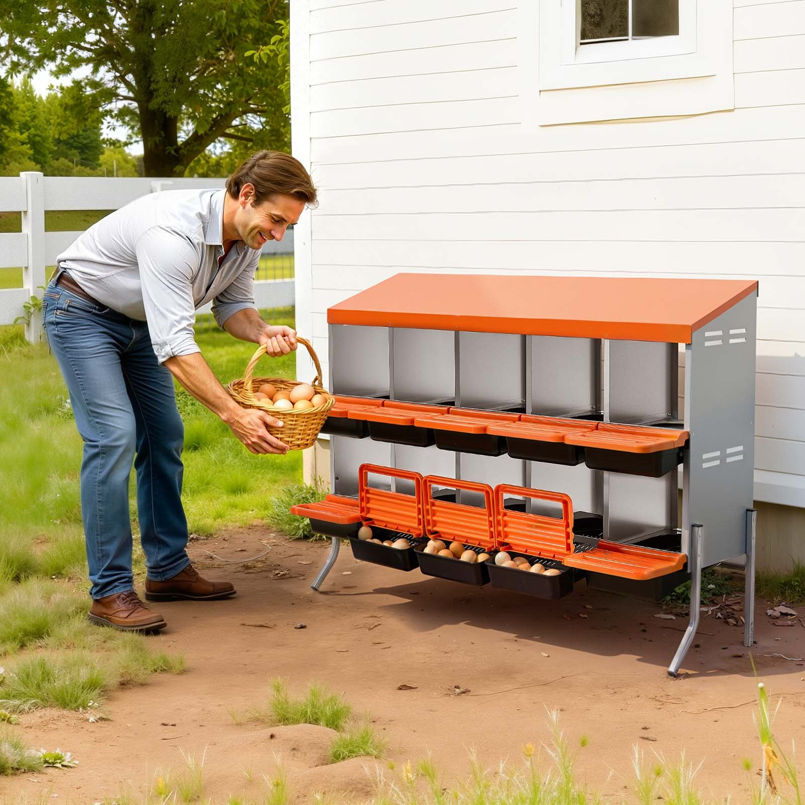 VEVOR 10-Hole Chicken Nesting Box with Legs, Roll-Away Egg Collection, Orange