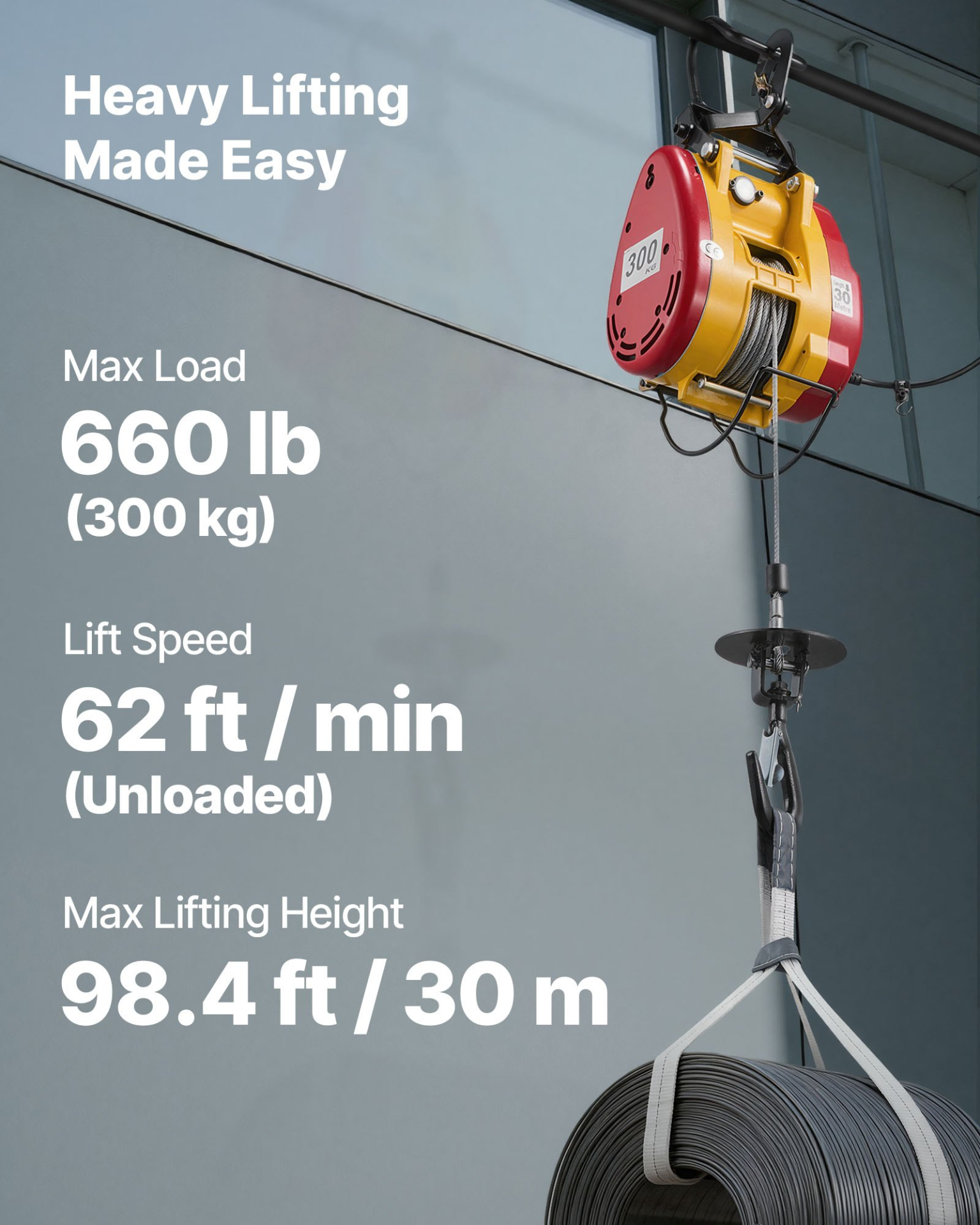 2-in-1 Electric Hoist Winch 660lbs 1500W 98FT Lift Wireless Remote