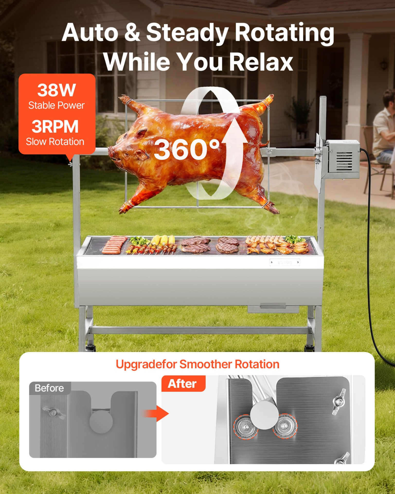 VEVOR 38W Rotisserie Grill – 132 lb Pig Roaster Spit for Lamb, BBQ, Outdoor