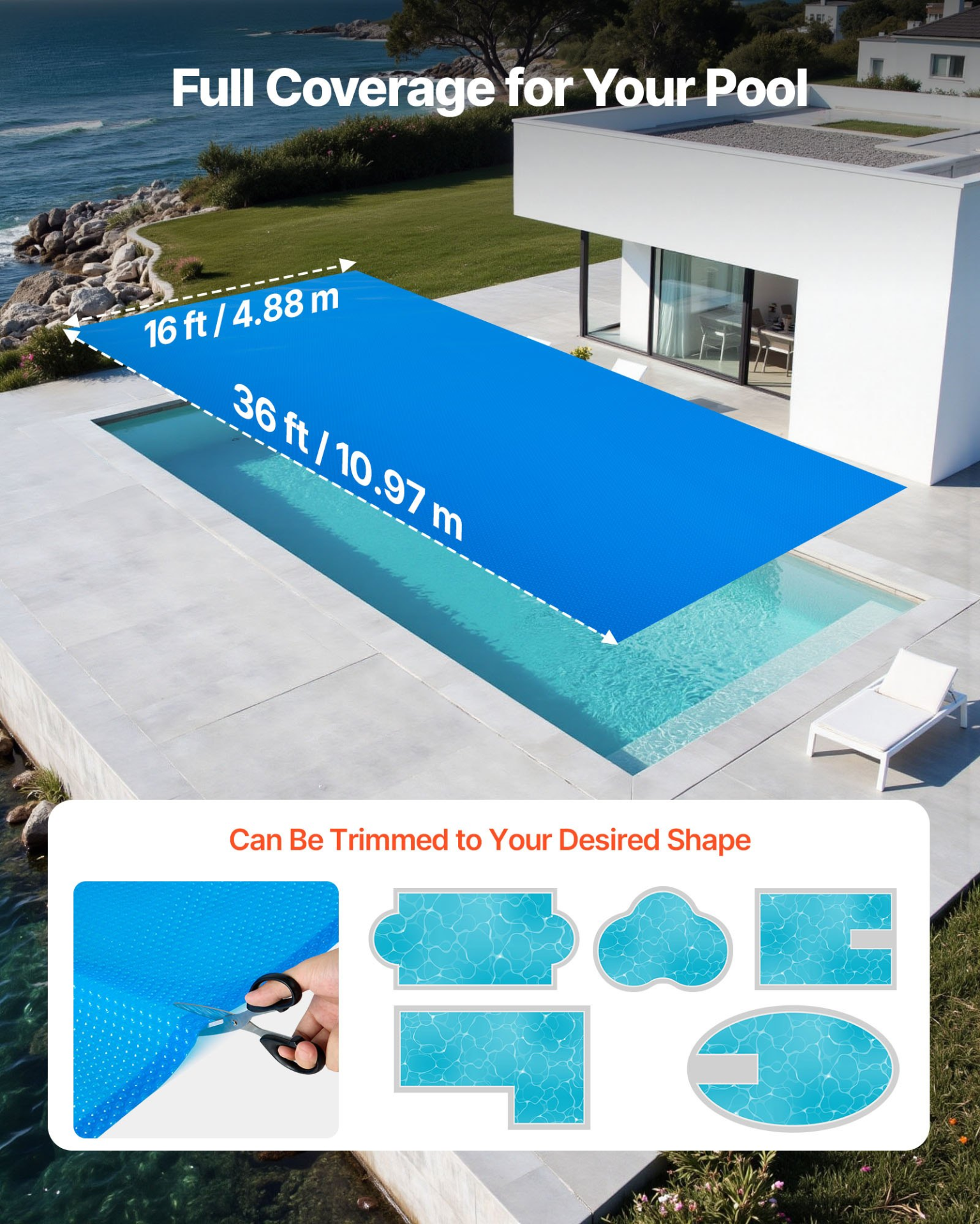Solar Pool Cover, 36 x 16 ft Rectangle Pool Bubble Cover, Blue
