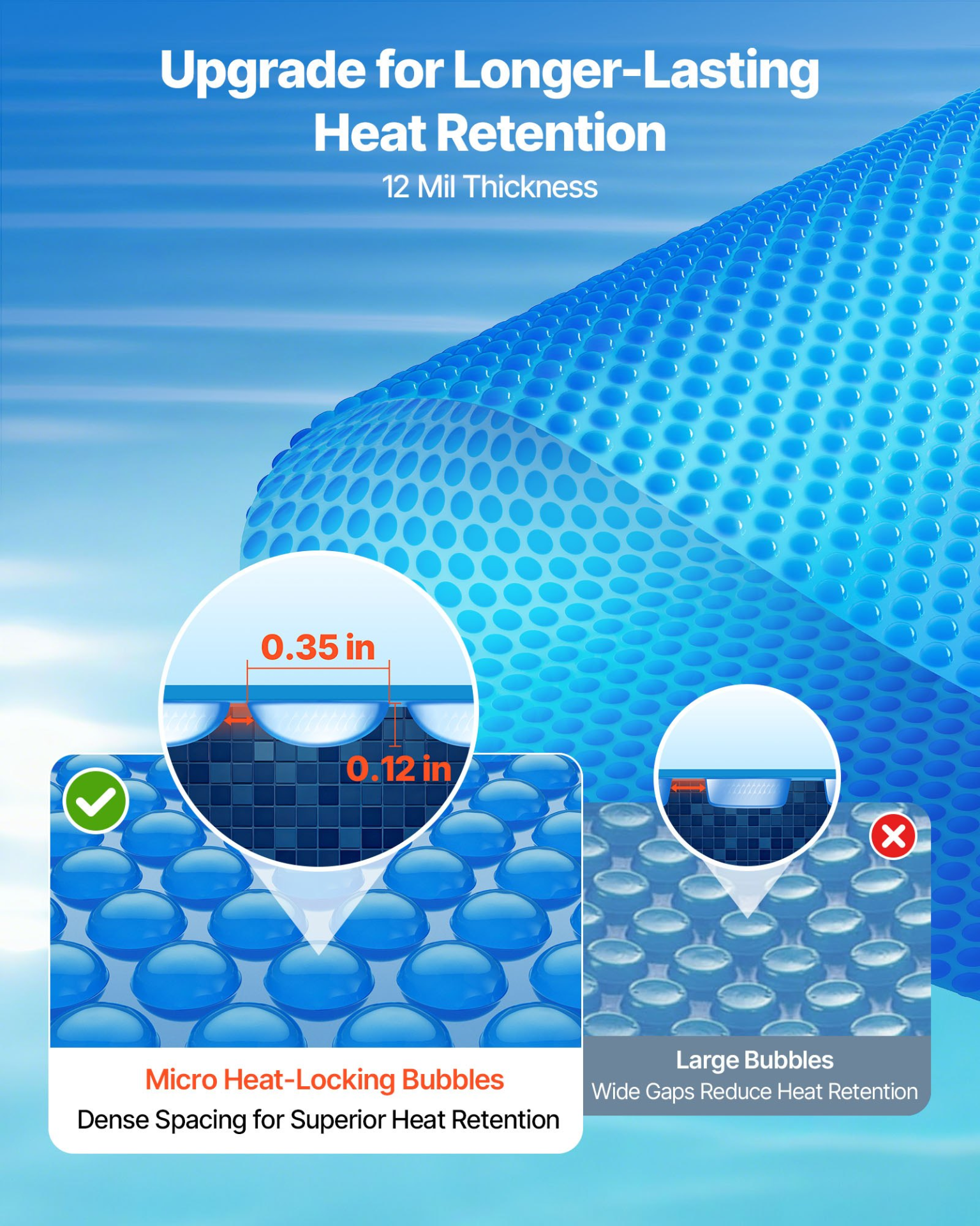 Solar Pool Cover, 36 x 16 ft Rectangle Pool Bubble Cover, Blue