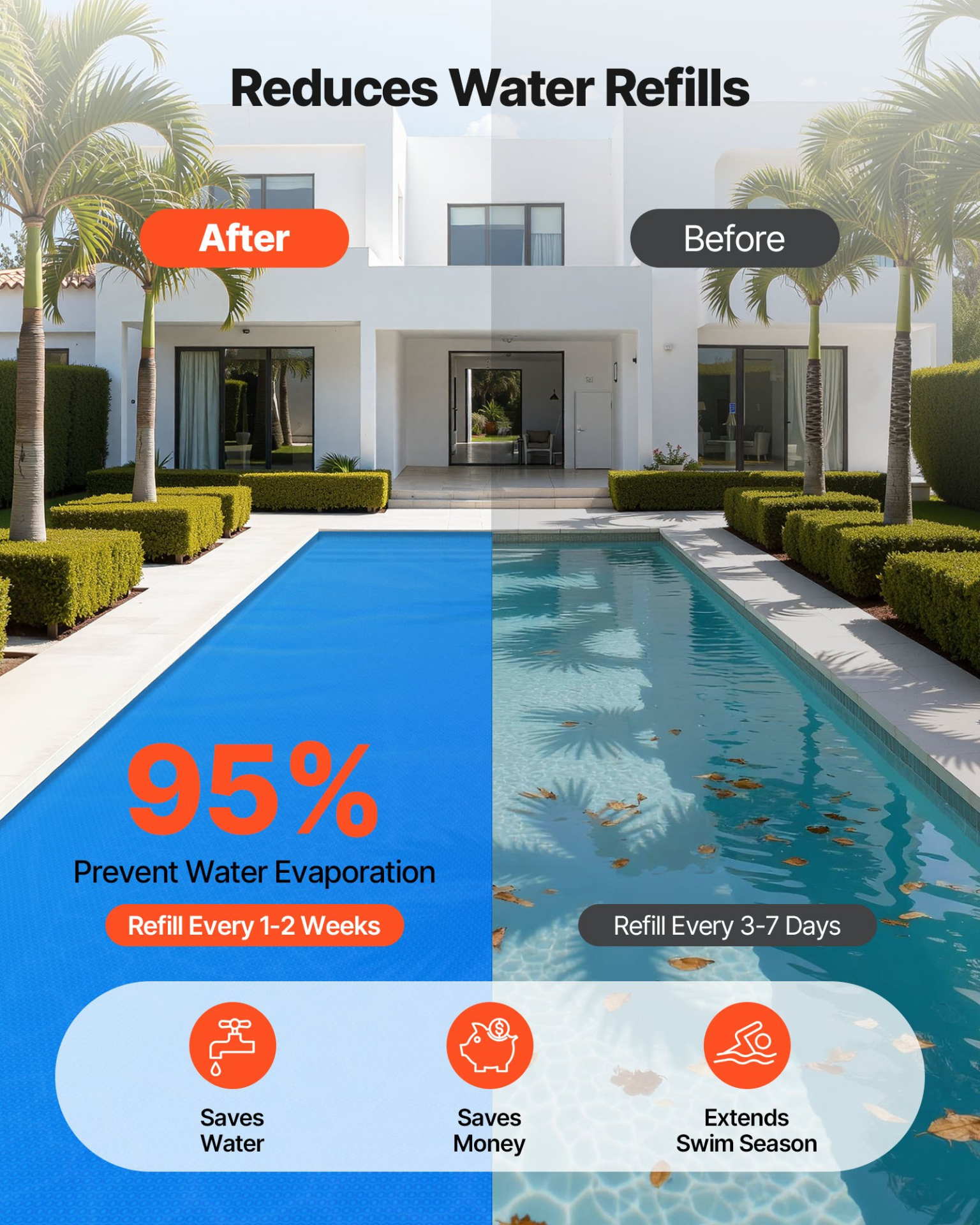 Solar Pool Cover, 36 x 16 ft Rectangle Pool Bubble Cover, Blue