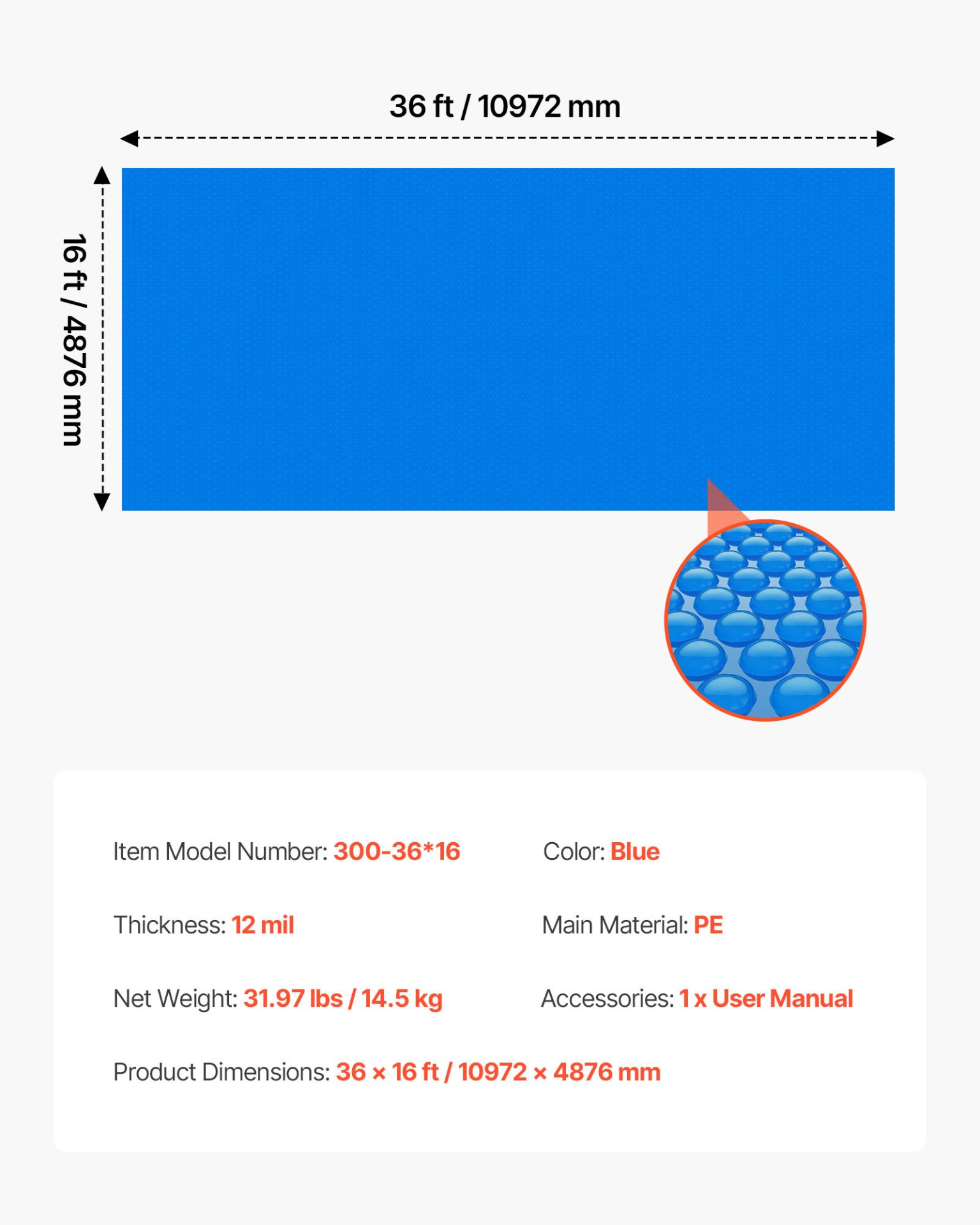 Solar Pool Cover, 36 x 16 ft Rectangle Pool Bubble Cover, Blue