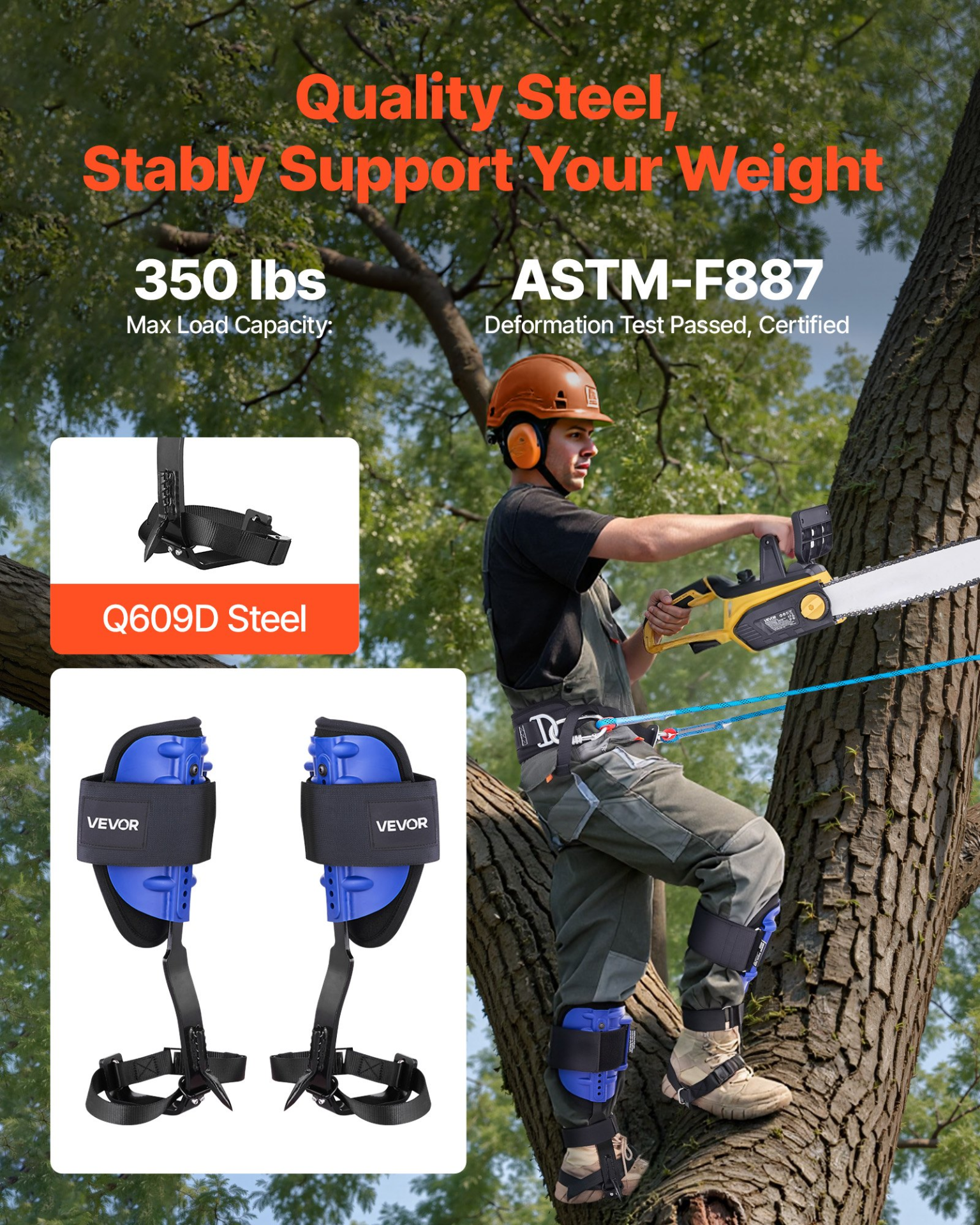 VEVOR Tree Climbing Spikes Set, Adjustable Spurs w/ Harness & Rope, 350 lb