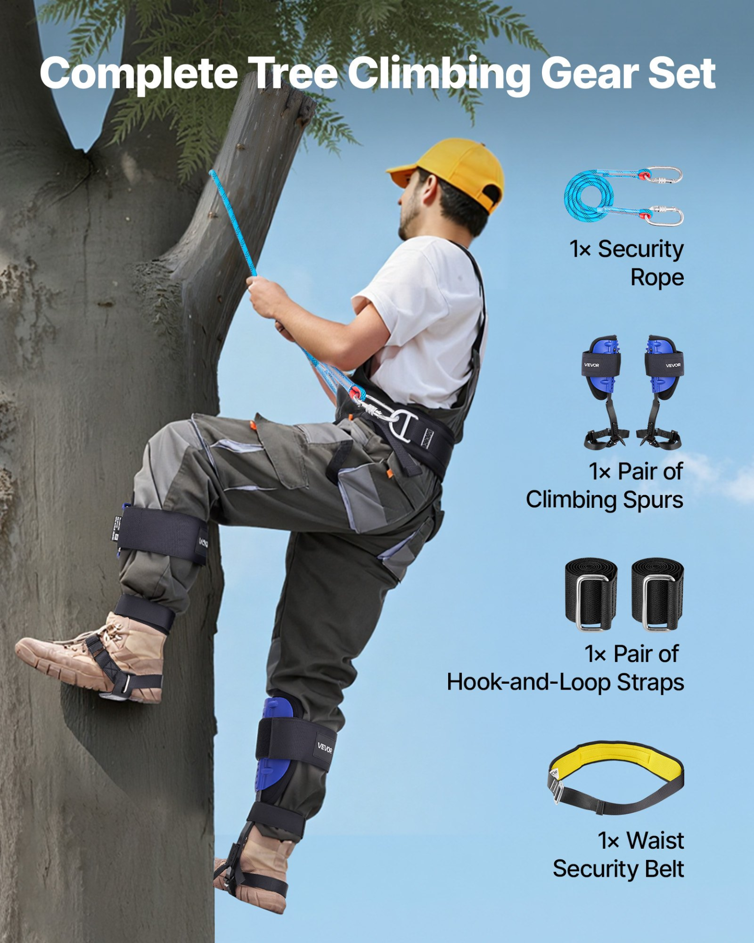 VEVOR Tree Climbing Spikes Set, Adjustable Spurs w/ Harness & Rope, 350 lb