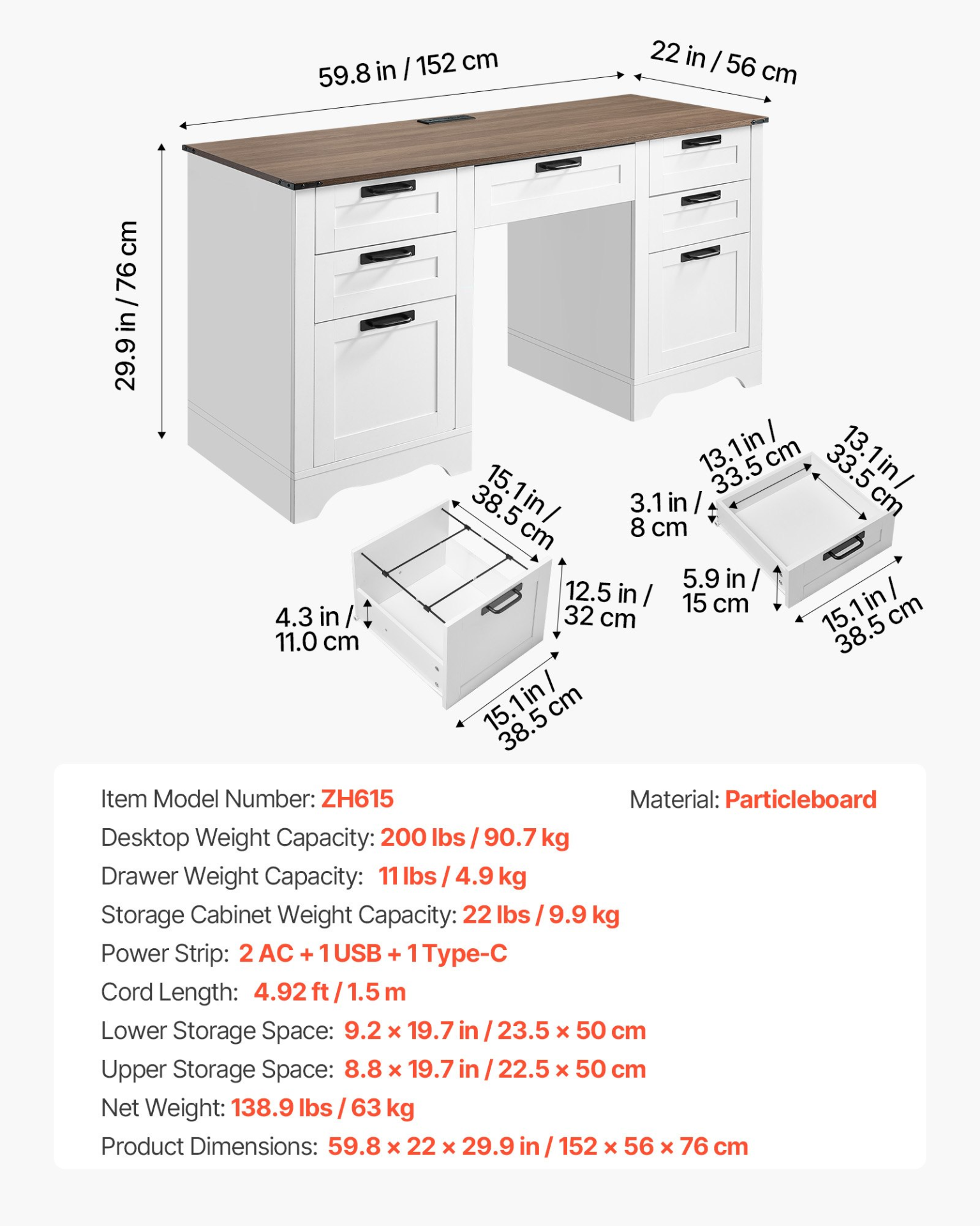 Executive Desk, Farmhouse Office Table with Charging Station, Walnut