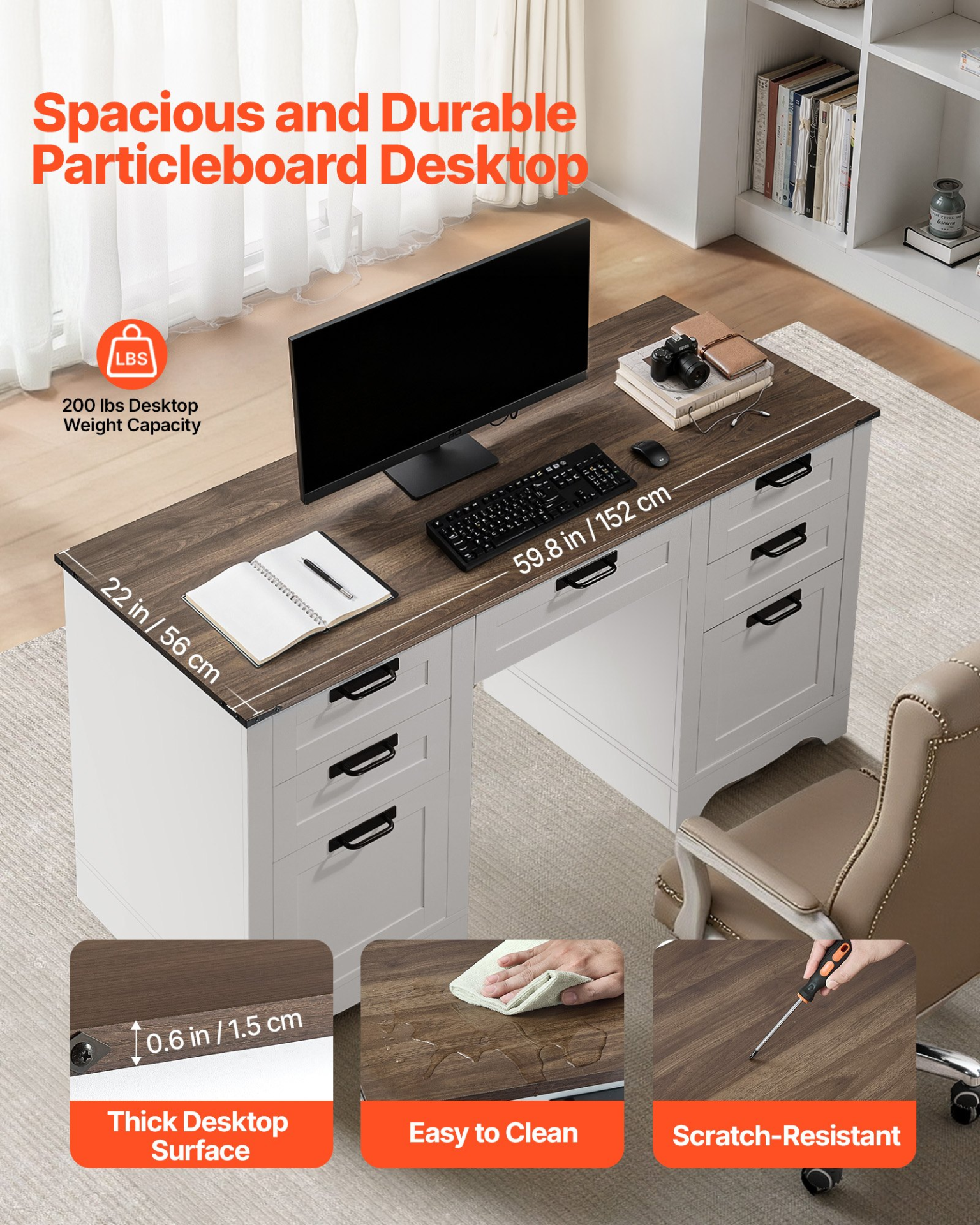 Executive Desk, Farmhouse Office Table with Charging Station, Walnut