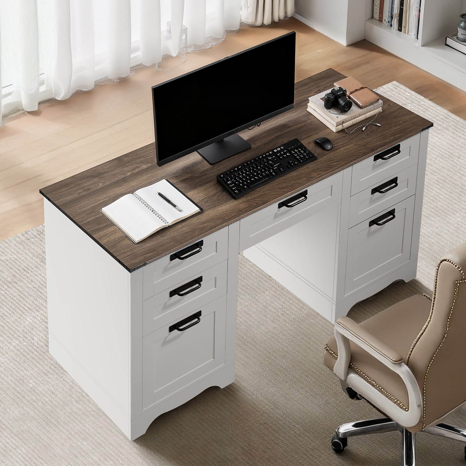 Executive Desk, Farmhouse Office Table with Charging Station, Walnut