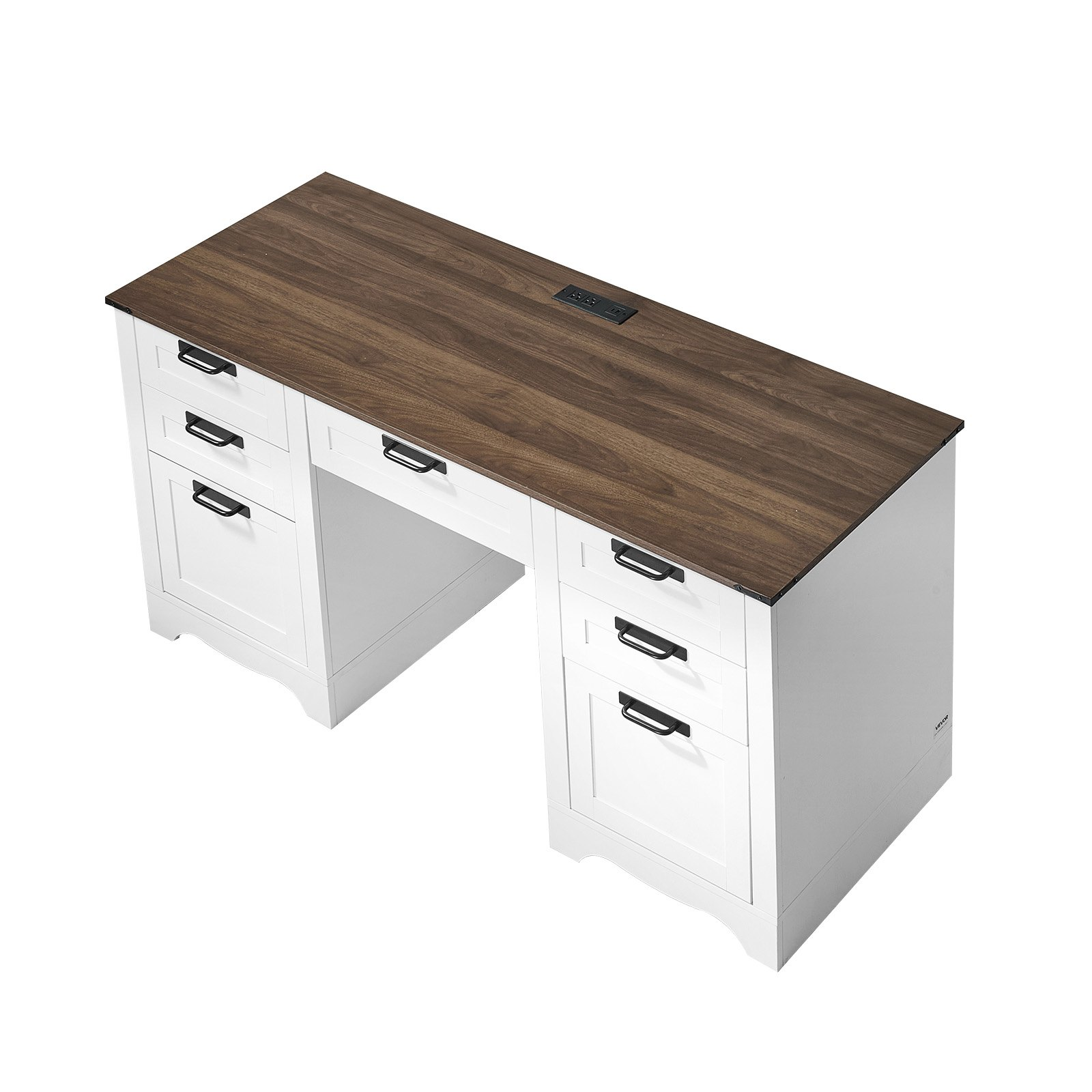 Executive Desk, Farmhouse Office Table with Charging Station, Walnut